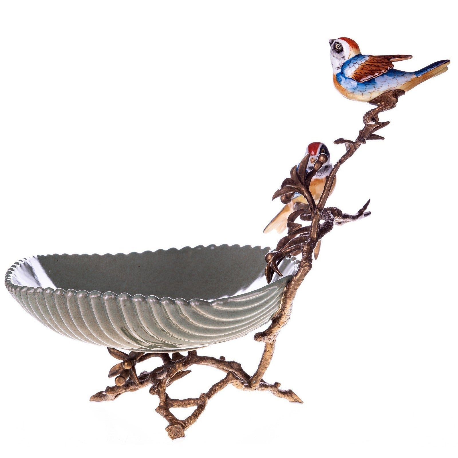 Decorative Ceramic Bird Bowl on Bronze Branch Stand | Vases & Bowls