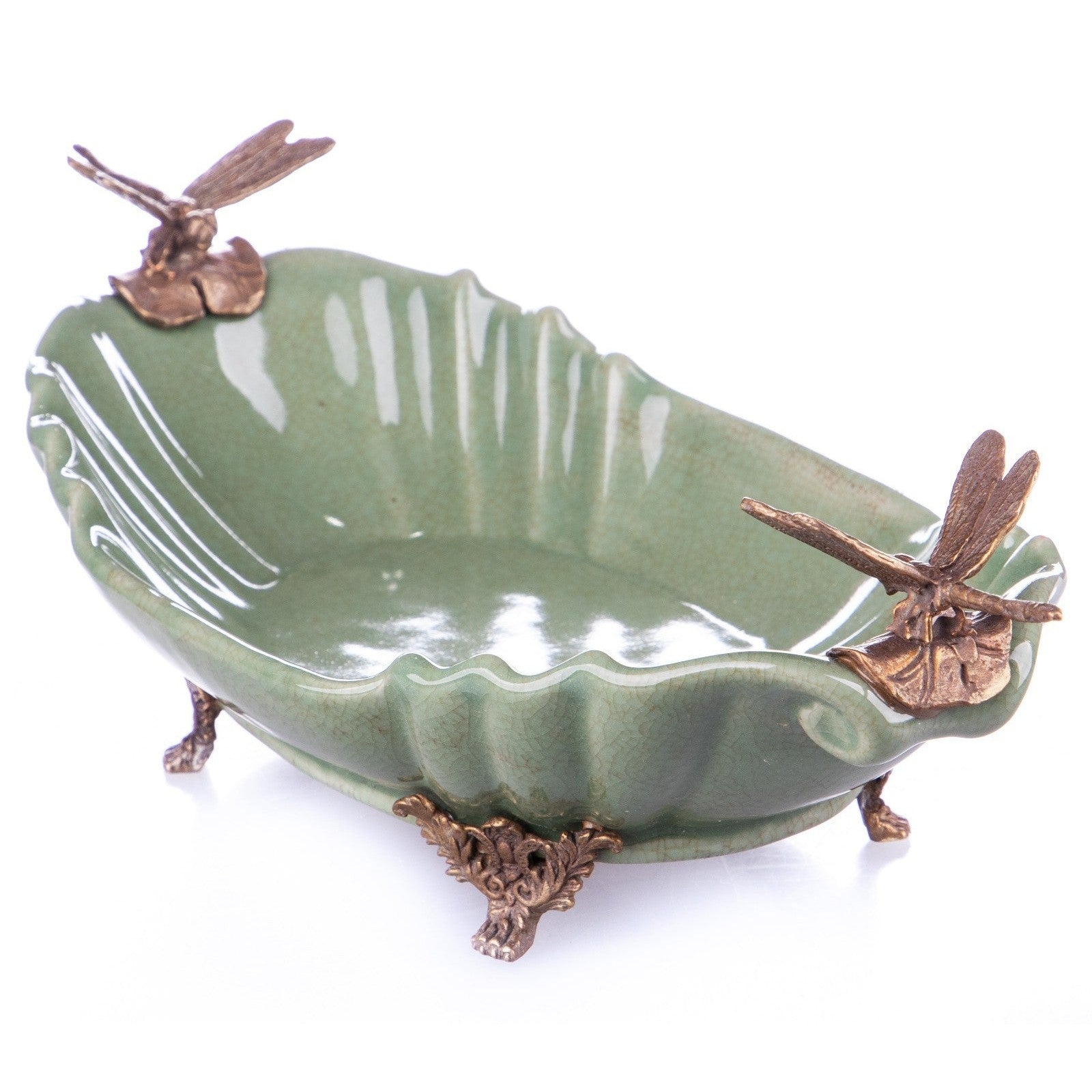 Decorative Ceramic Bowl with Bronze Dragonfly Accents Leaf Design