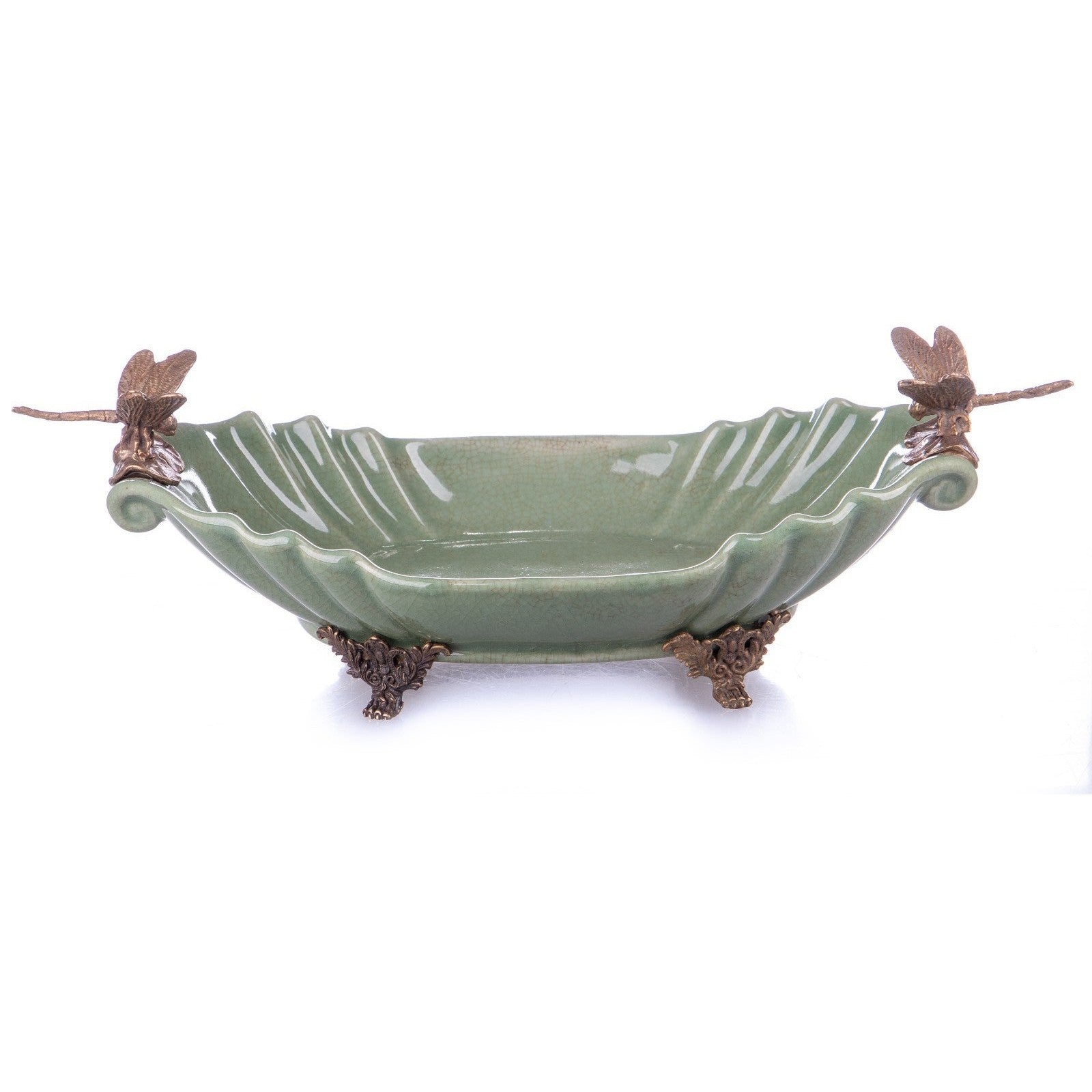 Decorative Ceramic Bowl with Bronze Dragonfly Accents Leaf Design