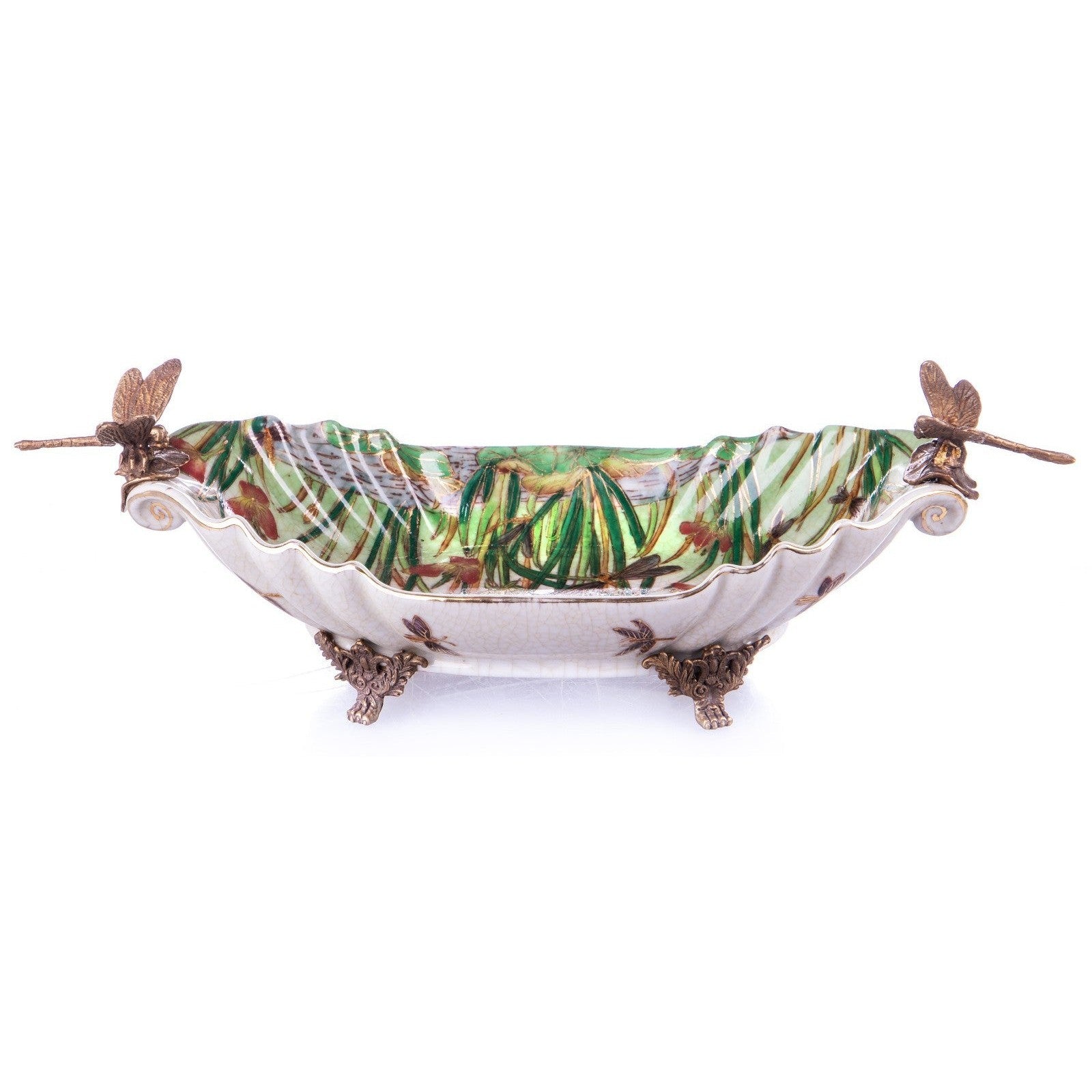 Decorative Leaf-Shaped Ceramic Bowl with Jungle Motif and Bronze