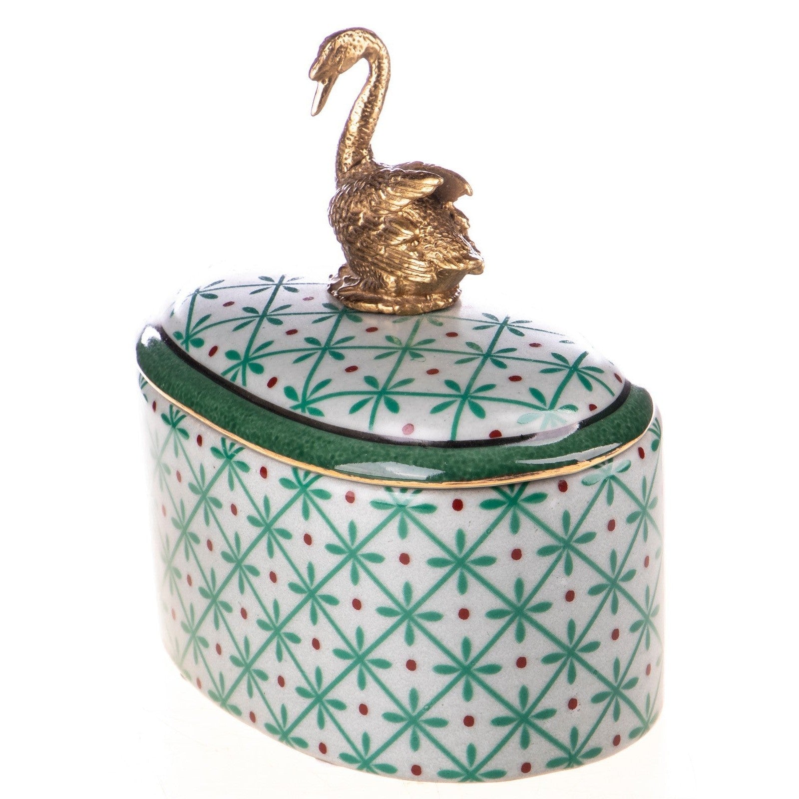 Decorative Oval Porcelain Box with Swan Finial | Animal Sculptures