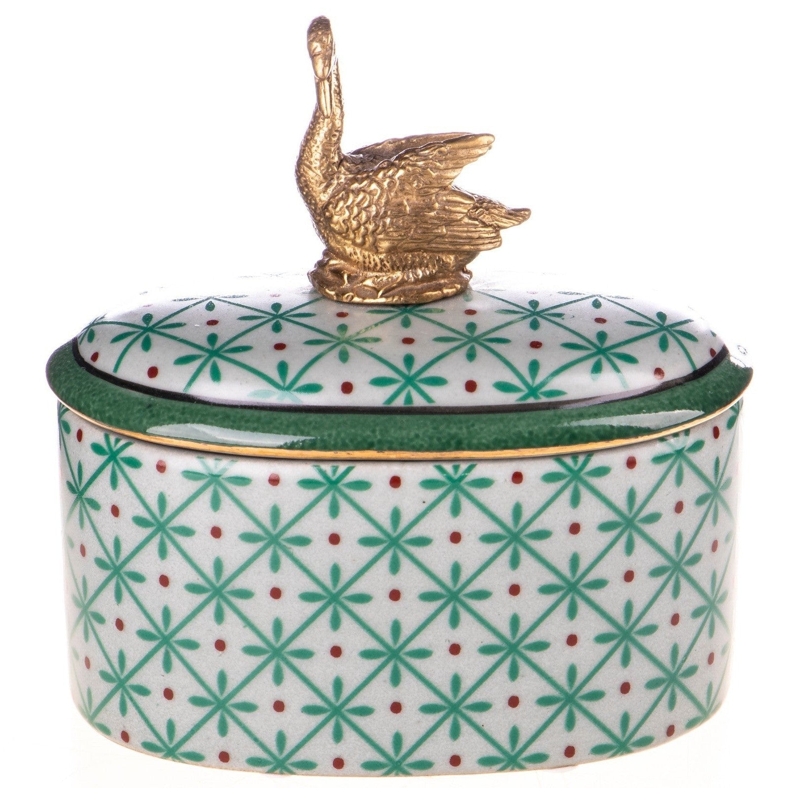 Decorative Oval Porcelain Box with Swan Finial | Animal Sculptures