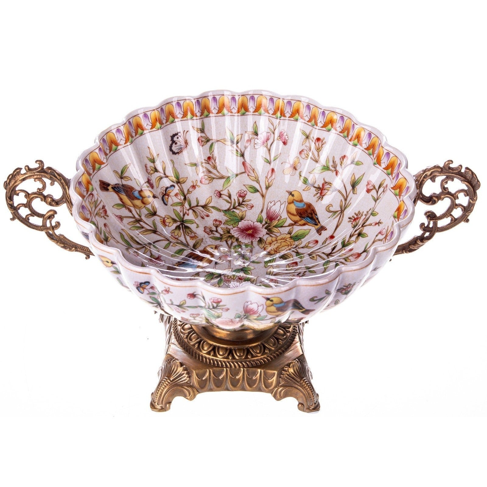 Decorative Pedestal Bowl with Bird and Floral Motif | Vases & Bowls