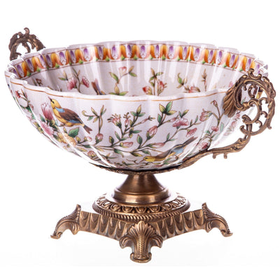 Decorative Pedestal Bowl with Bird and Floral Motif | Vases & Bowls