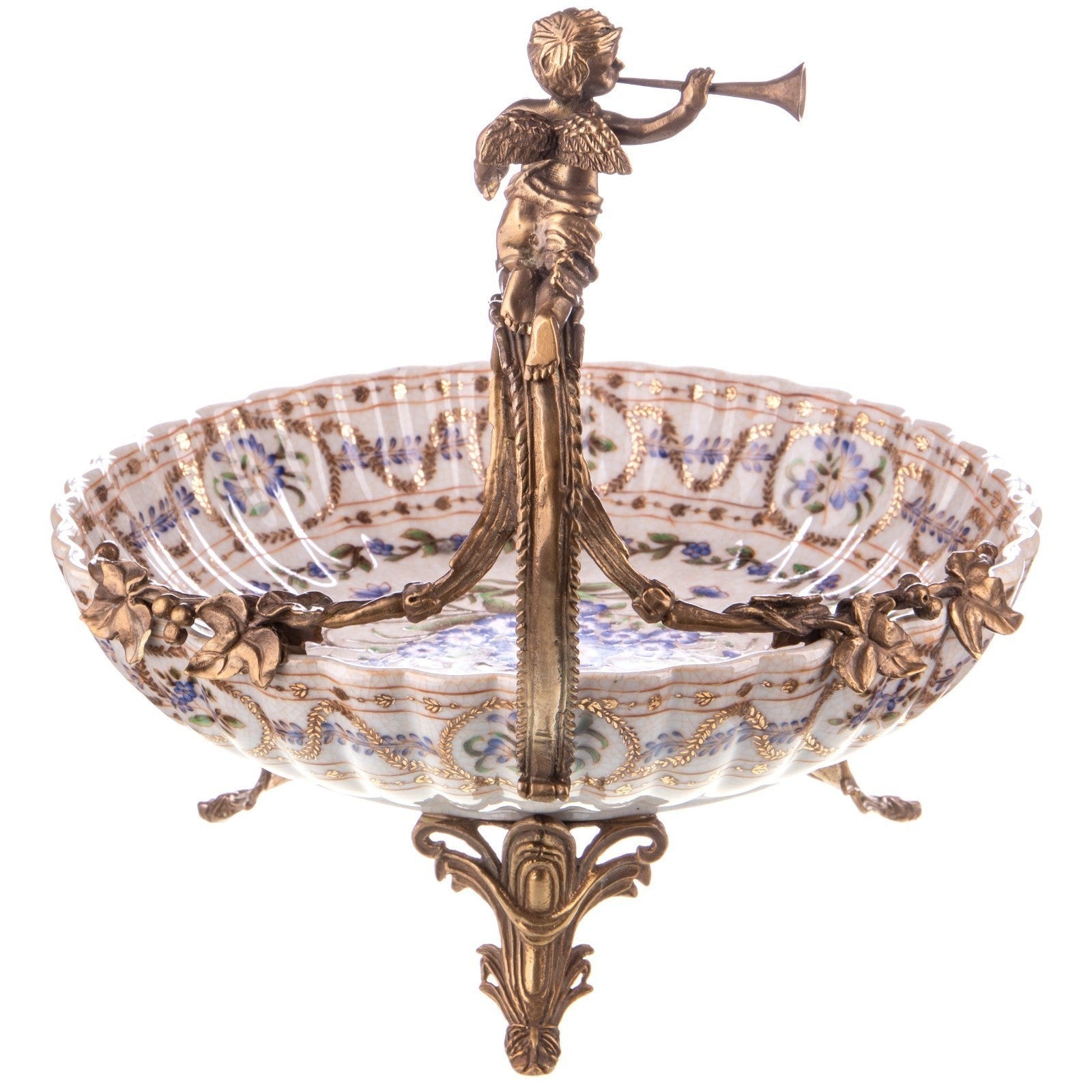 Decorative Porcelain Bowl with Bronze Cherub Handle and Tripod Base