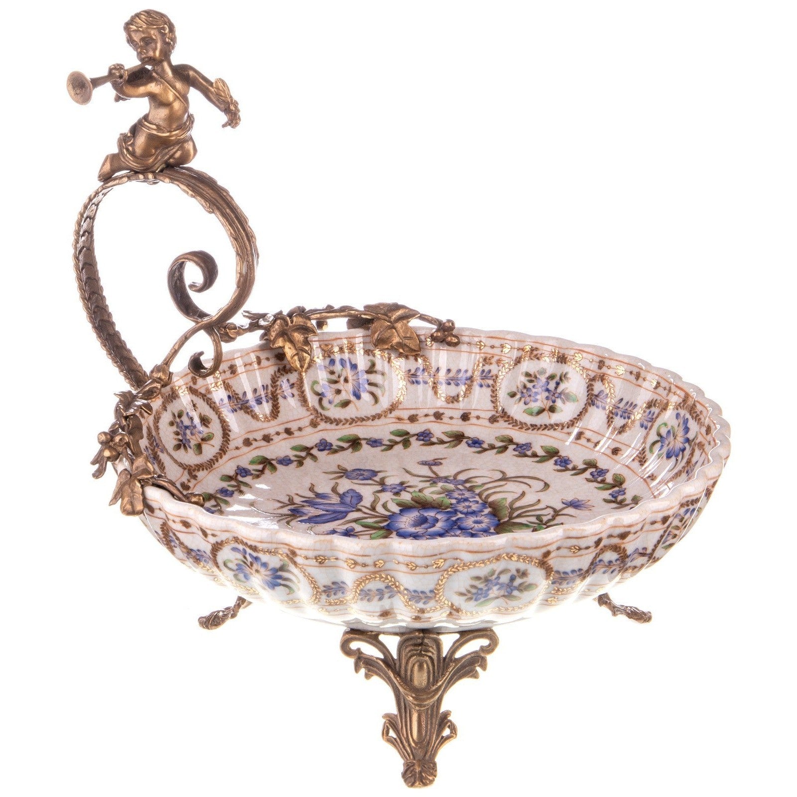 Decorative Porcelain Bowl with Bronze Cherub Handle and Tripod Base