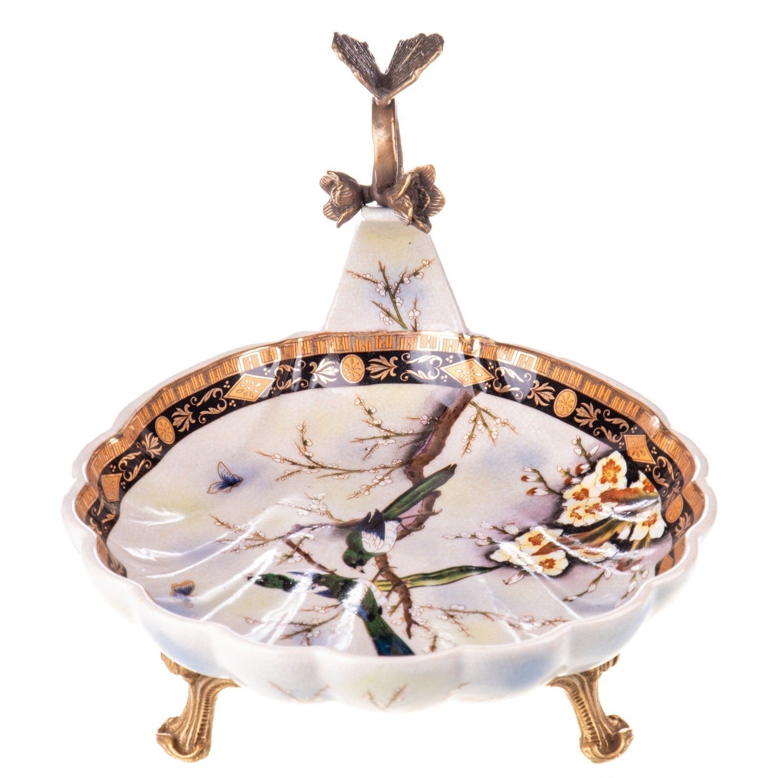 Decorative Porcelain Bowl with Hand-Painted Blossoms and Bronze