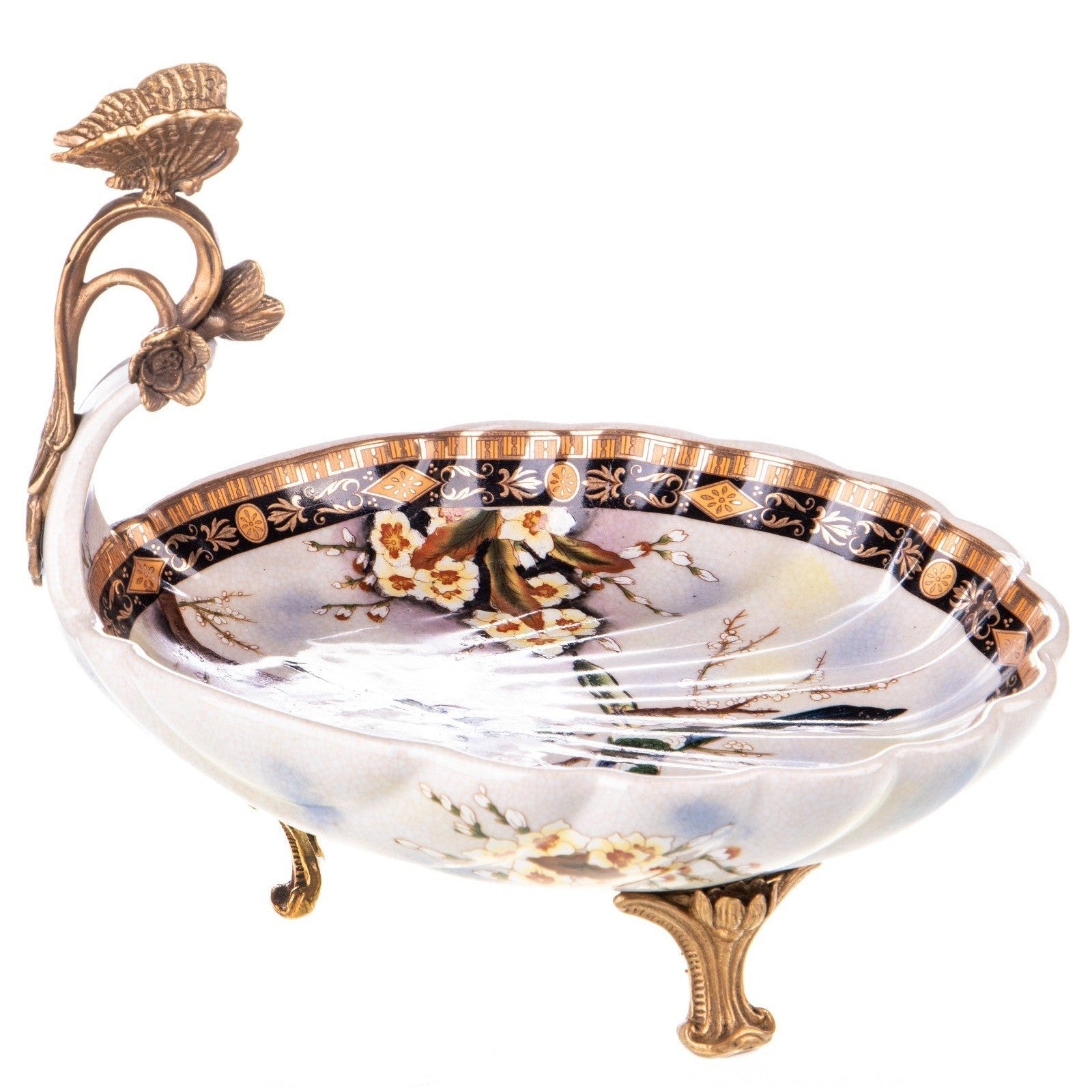 Decorative Porcelain Bowl with Hand-Painted Blossoms and Bronze