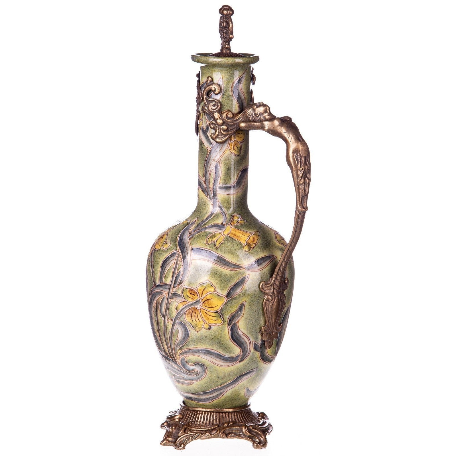 Floral Art Nouveau Bottle Vase with Ornate Bronze Accents
