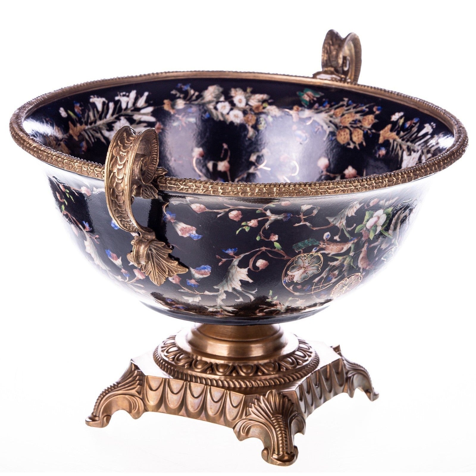 Floral Midnight Blue Porcelain Centerpiece Bowl with Bronze Base
