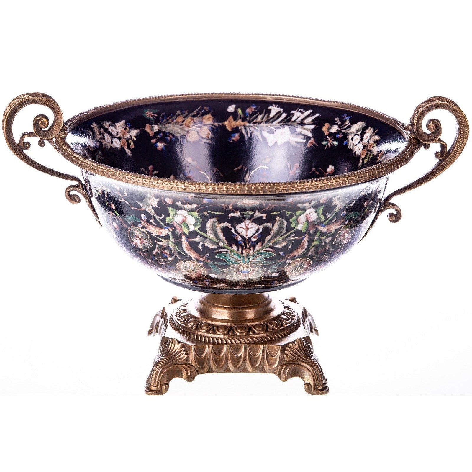 Floral Midnight Blue Porcelain Centerpiece Bowl with Bronze Base