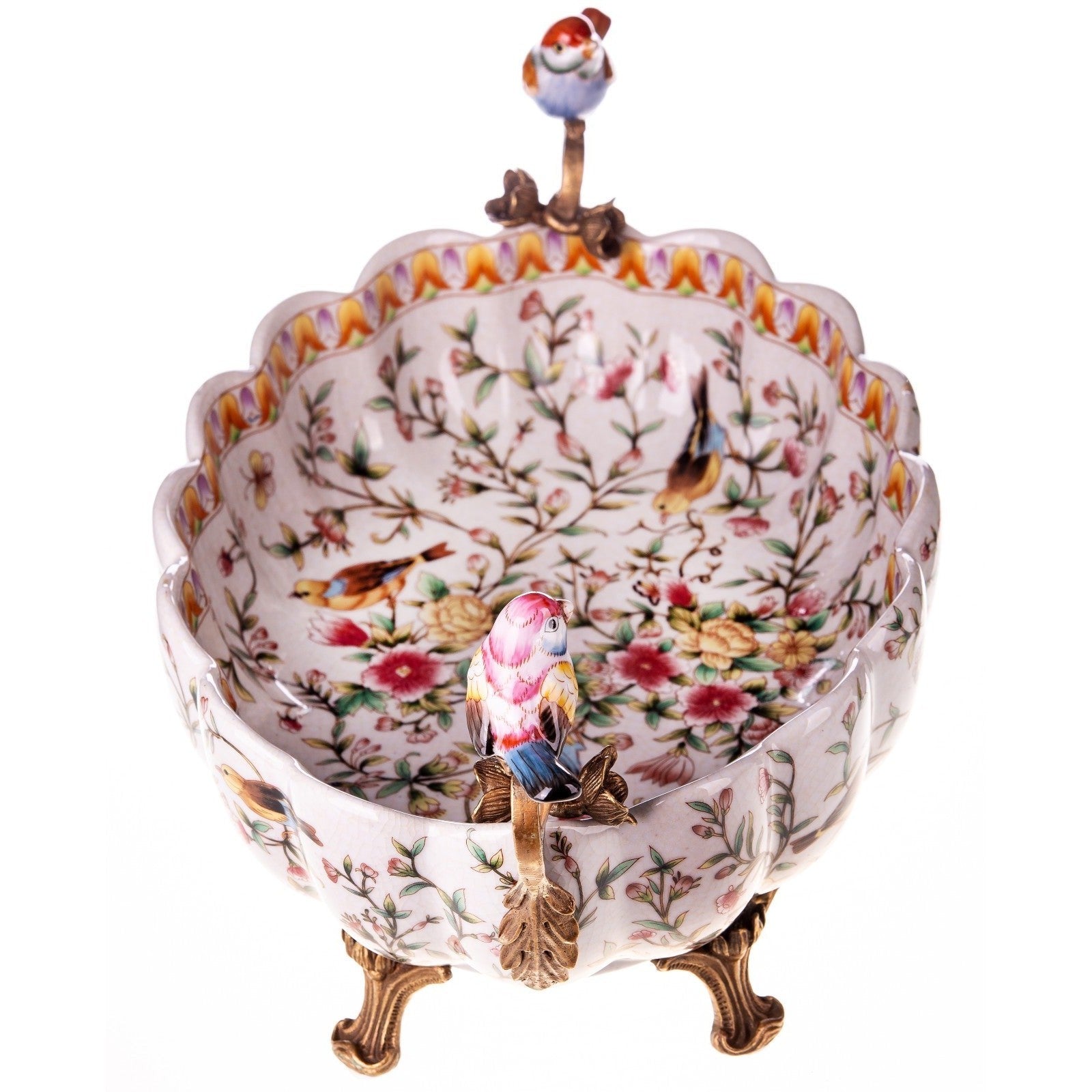 Floral Porcelain Bowl with Bird Handles and Ornate Feet