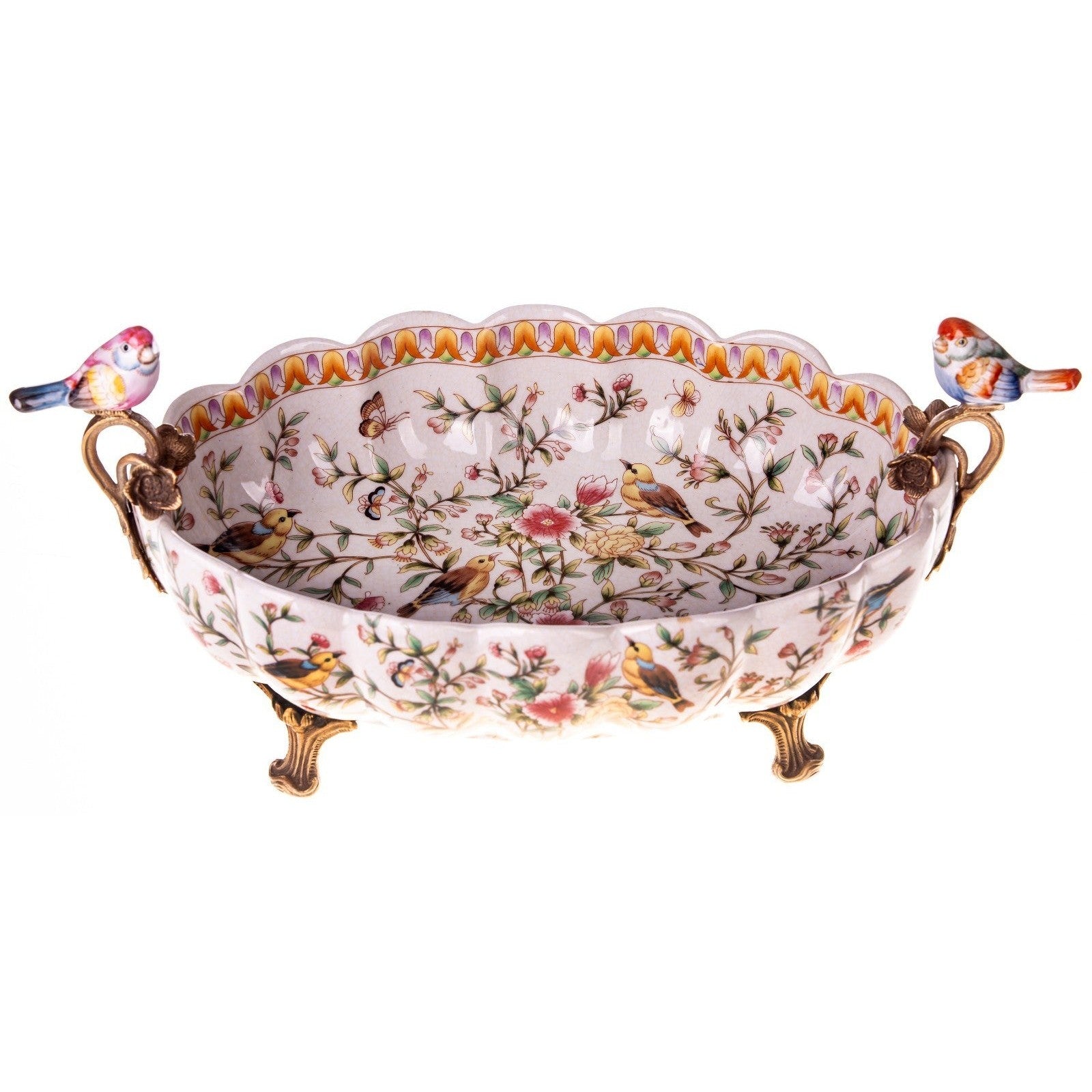 Floral Porcelain Bowl with Bird Handles and Ornate Feet