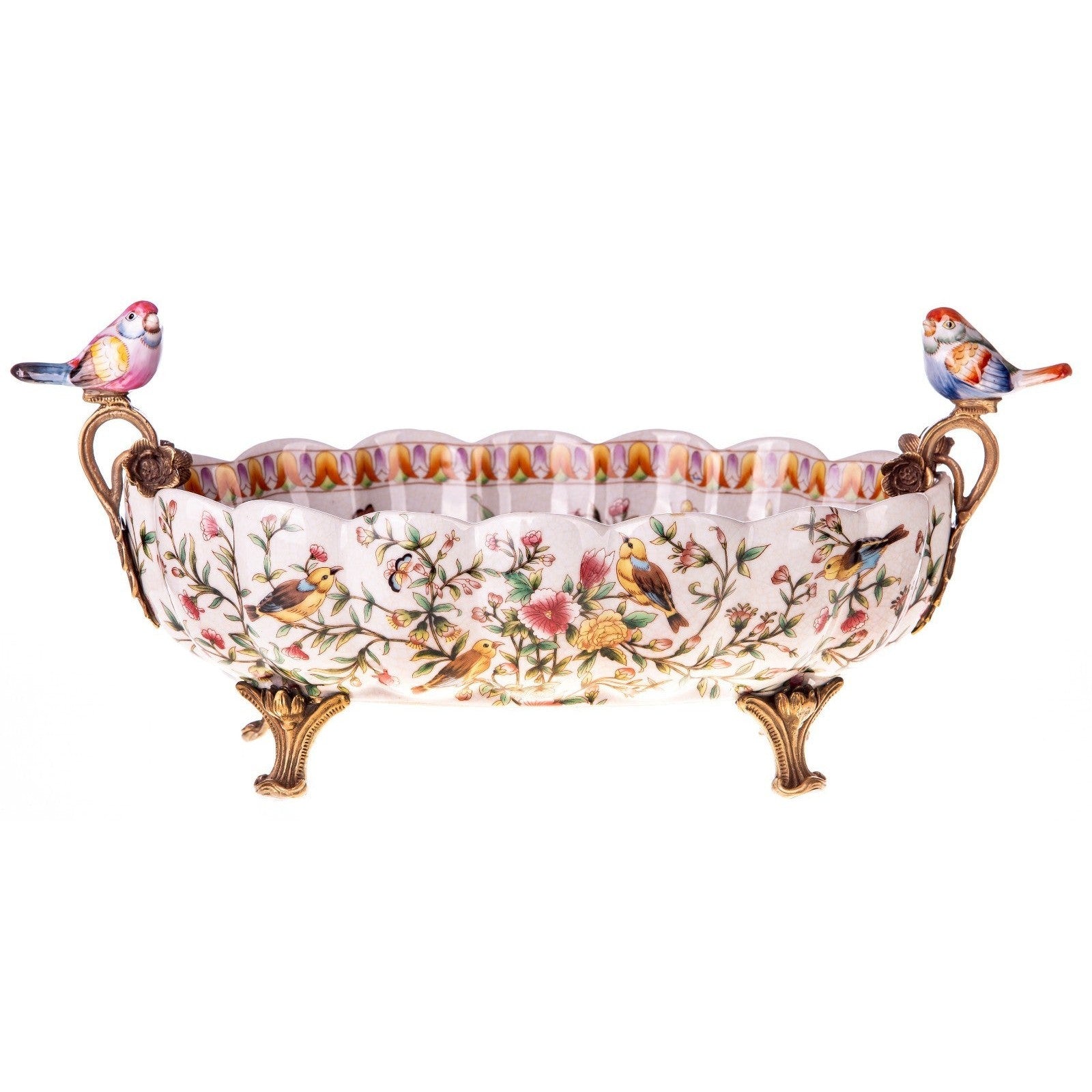 Floral Porcelain Bowl with Bird Handles and Ornate Feet