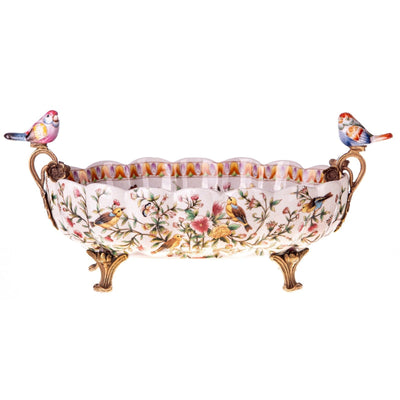 Floral Porcelain Bowl with Bird Handles and Ornate Feet