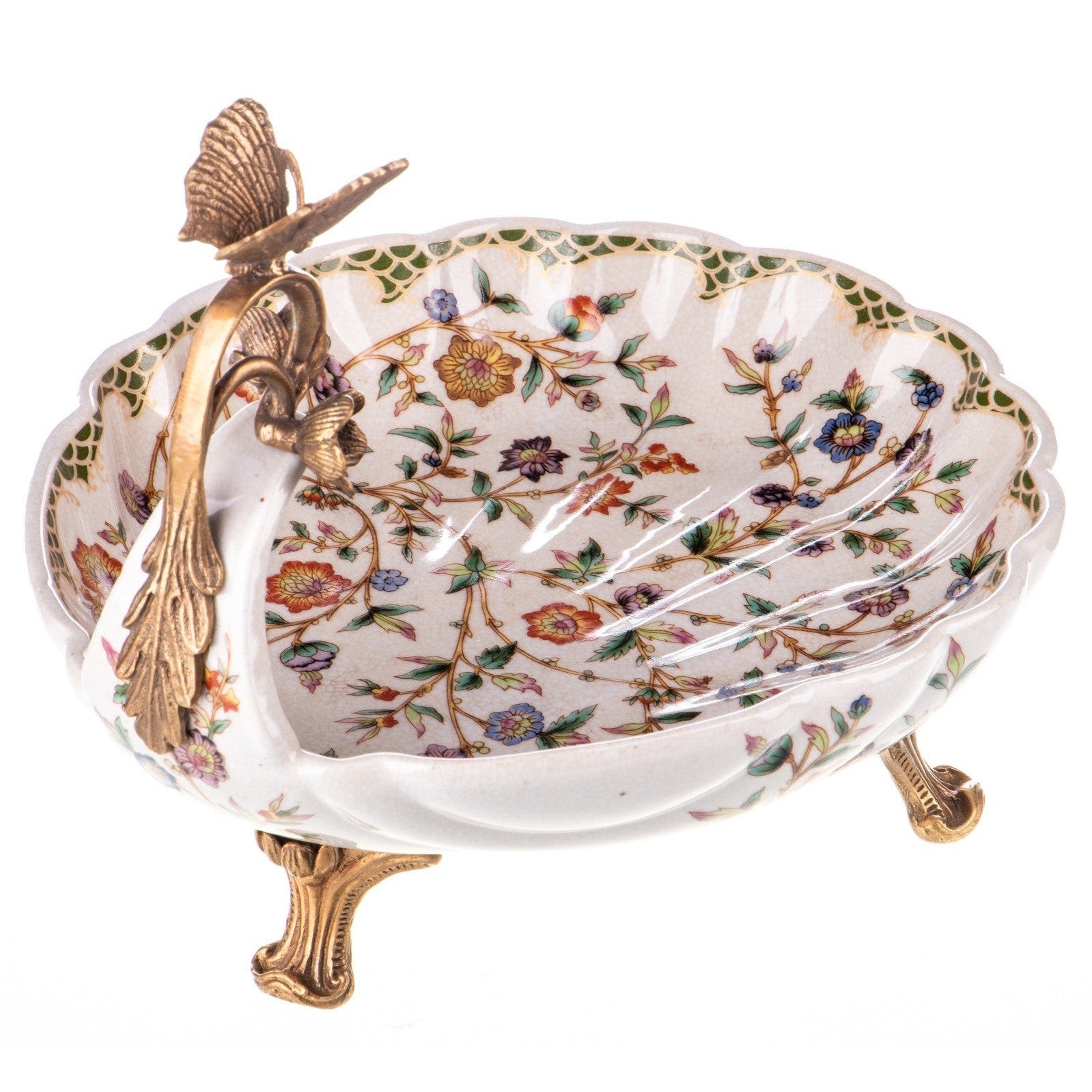 Floral Porcelain Bowl with Bronze Butterfly Handle | Vases & Bowls