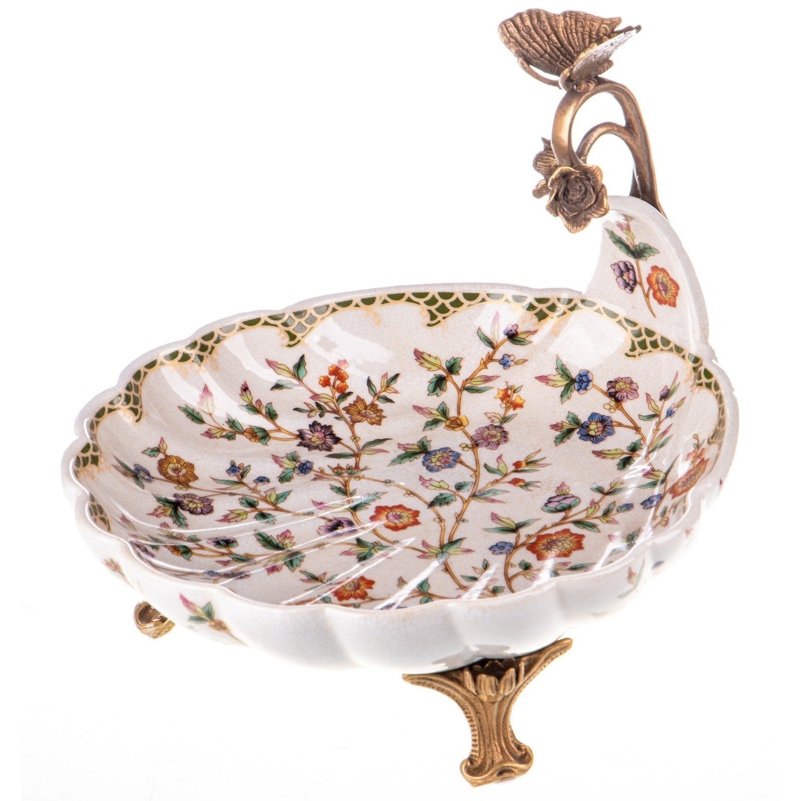 Floral Porcelain Bowl with Bronze Butterfly Handle | Vases & Bowls