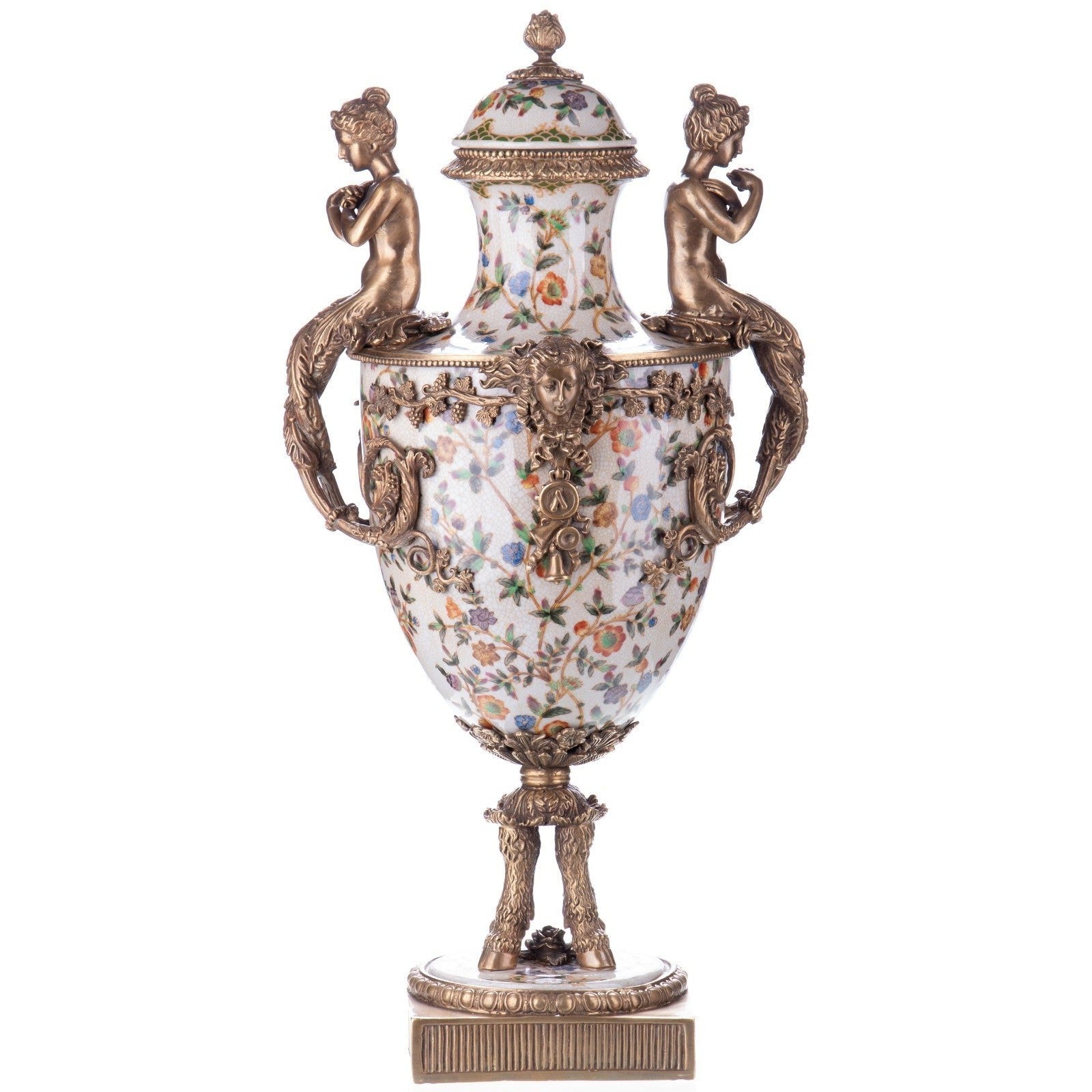 Floral Porcelain Covered Urn with Dual Cherub Bronze Mounts