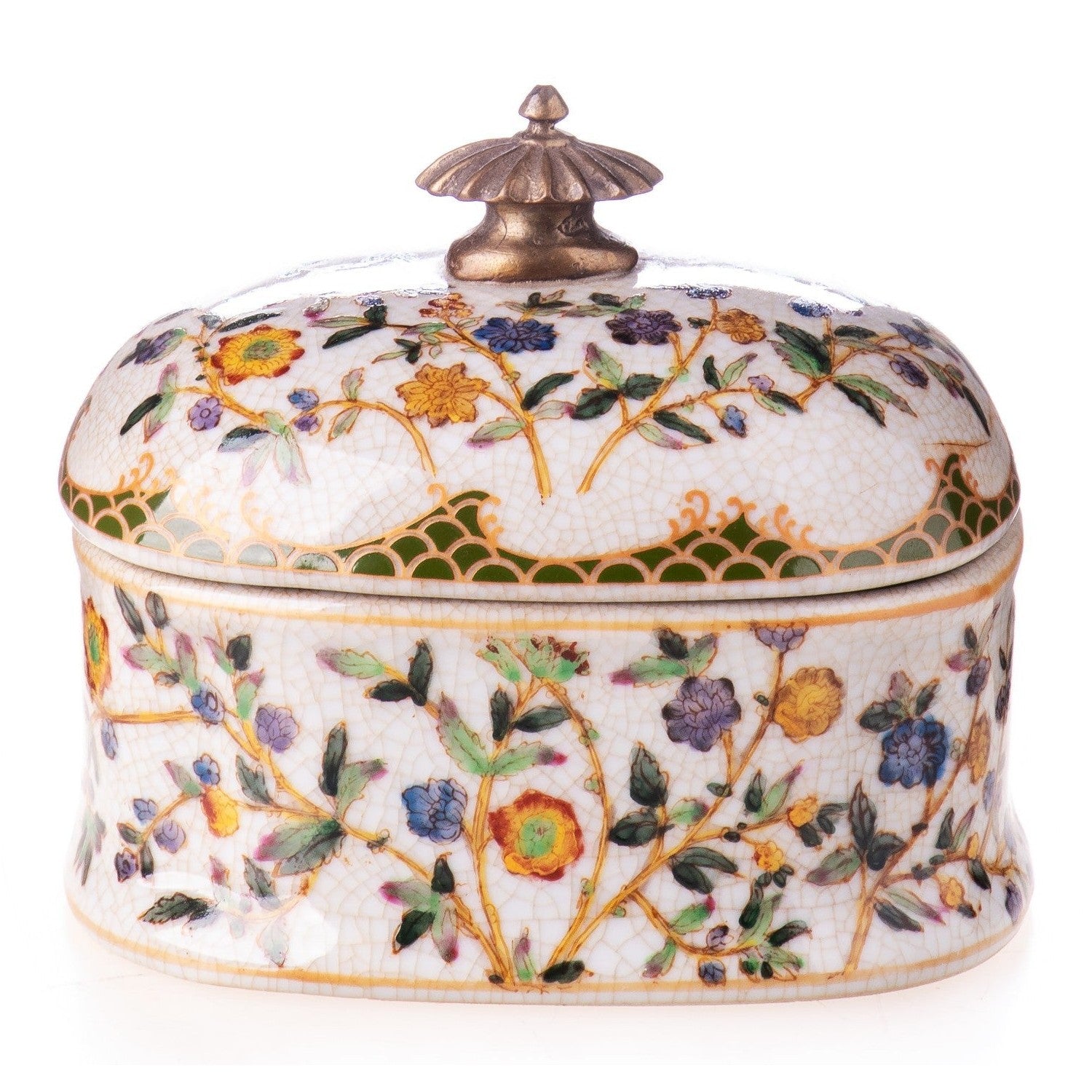Floral Porcelain Trinket Box with Bronze Finial, Desk & Curio Accessor