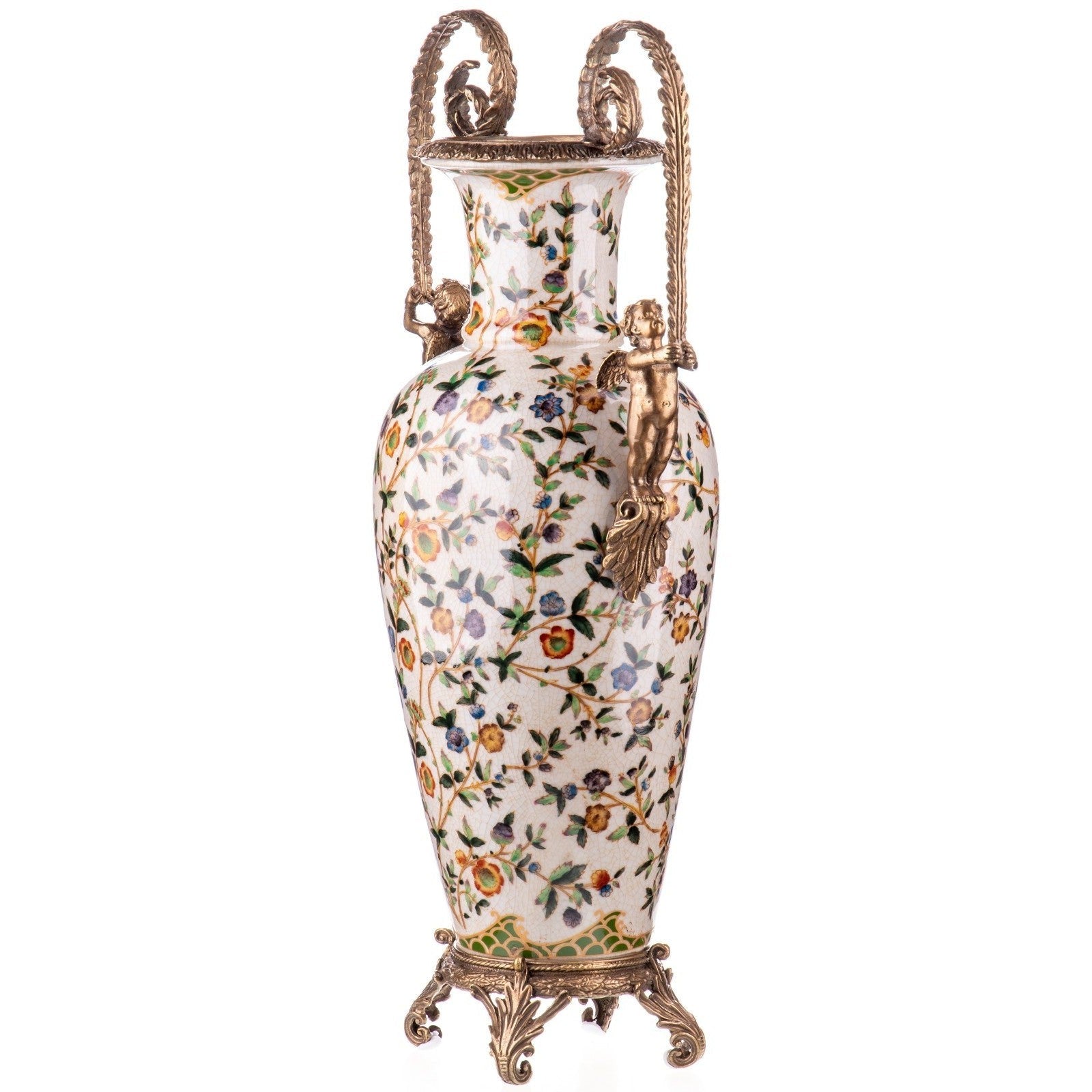 Floral Porcelain Vase with Bronze Cherub Handles | Vases & Bowls