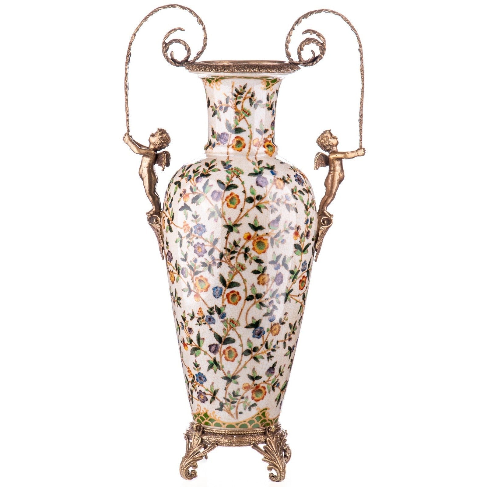 Floral Porcelain Vase with Bronze Cherub Handles | Vases & Bowls