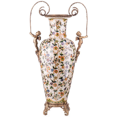 Floral Porcelain Vase with Bronze Cherub Handles | Vases & Bowls