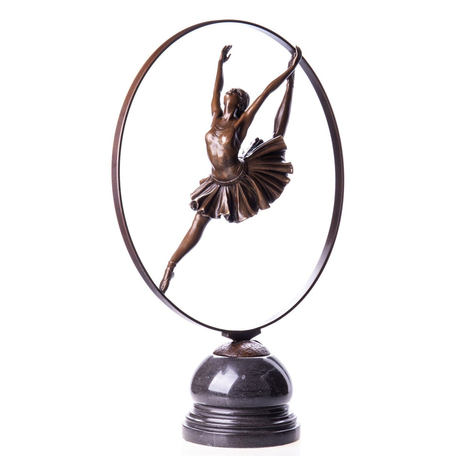 Graceful Ballerina in Mid-Leap Bronze Sculpture with Circular Frame on