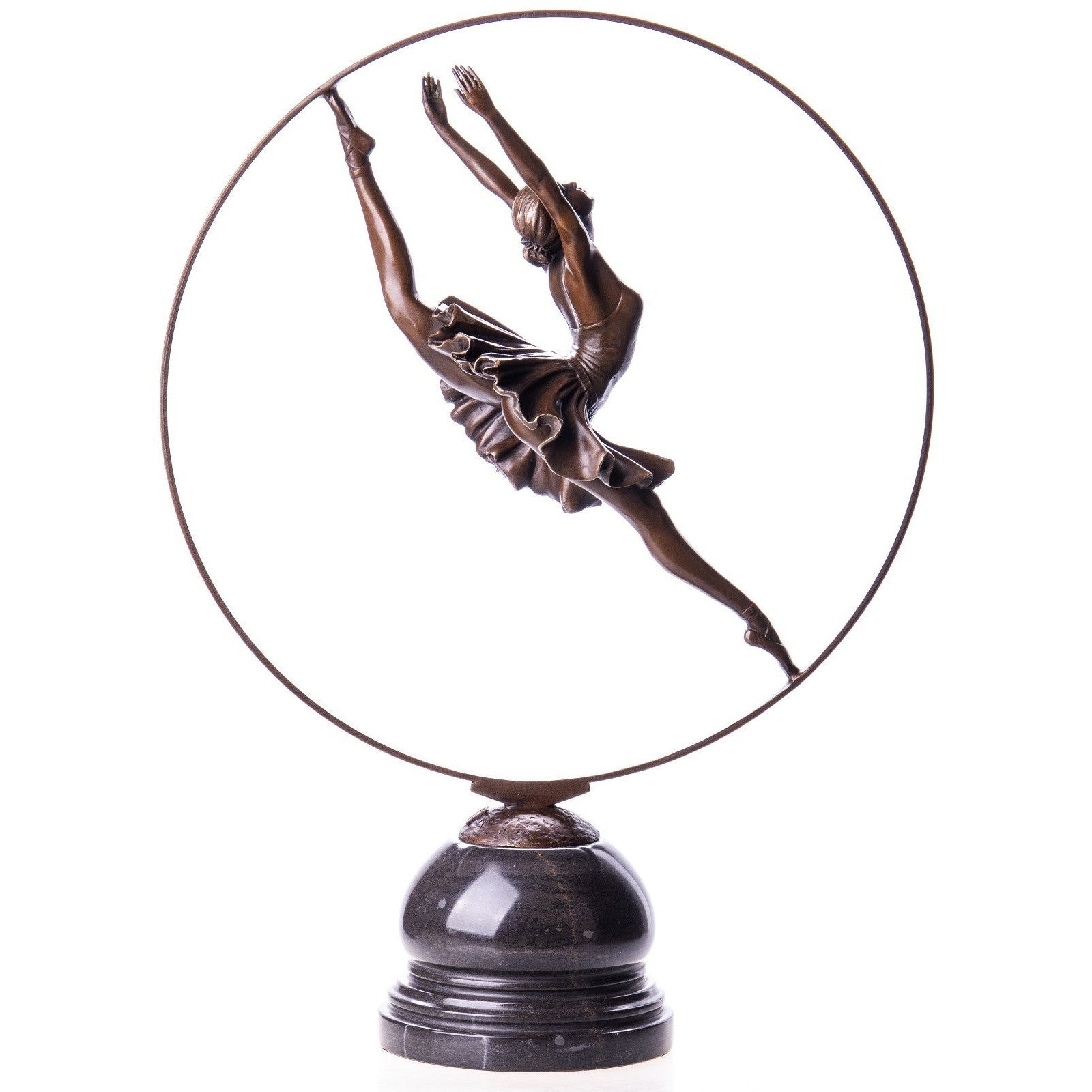 Graceful Ballerina in Mid-Leap Bronze Sculpture with Circular Frame on