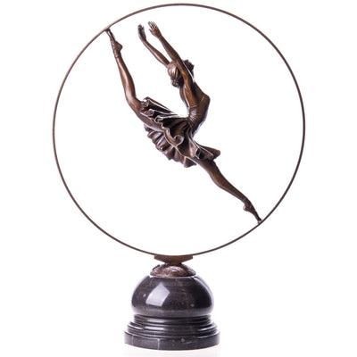 Graceful Ballerina in Mid-Leap Bronze Sculpture with Circular Frame on