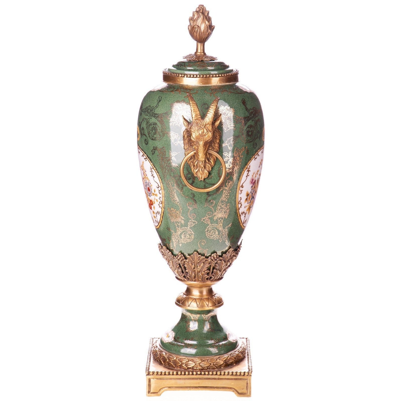 Green Porcelain Lidded Vase with Ram Head Handles | Vases & Bowls