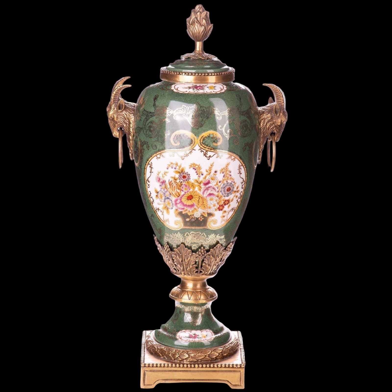 Green Porcelain Lidded Vase with Ram Head Handles | Vases & Bowls