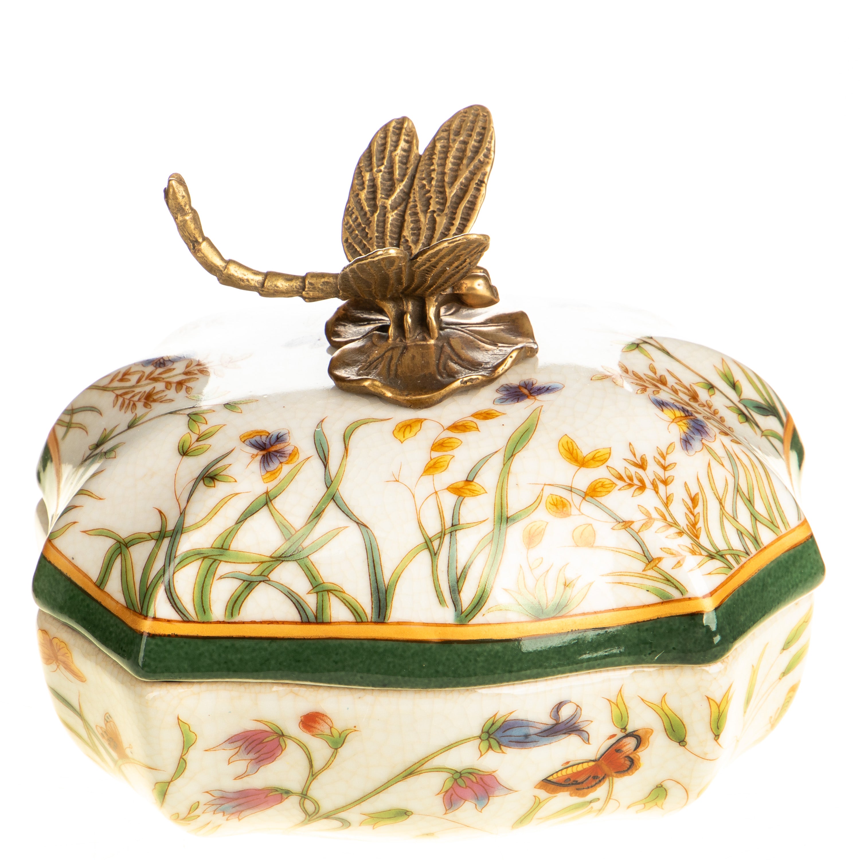 Porcelain Trinket Box with Bronze Dragonfly