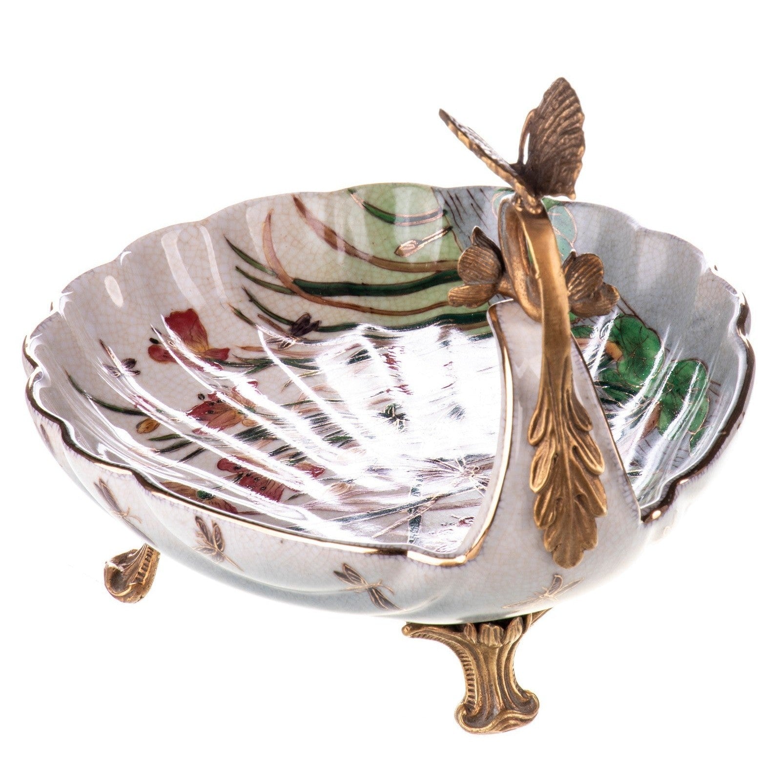 Hand-Painted Floral Porcelain Bowl with Bronze Butterfly Accent