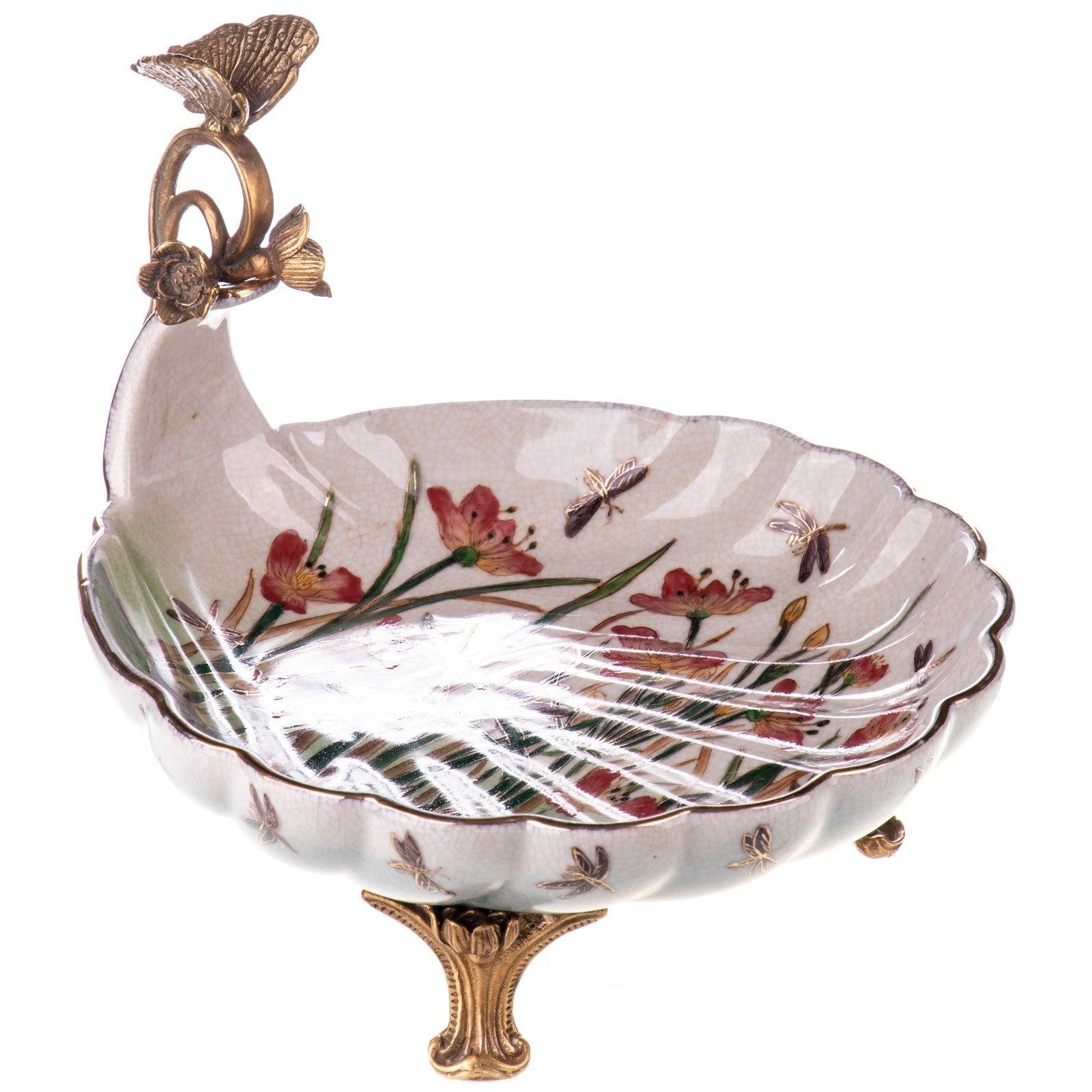Hand-Painted Floral Porcelain Bowl with Bronze Butterfly Accent
