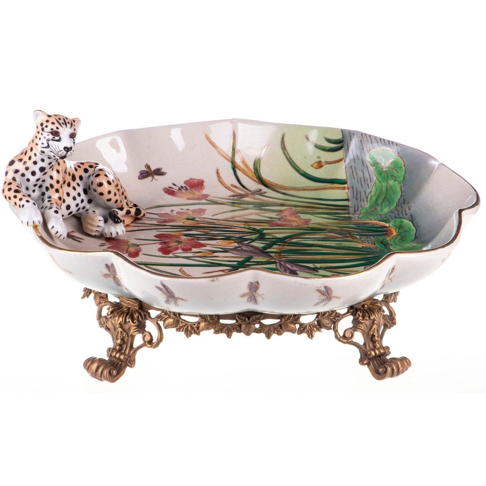 Hand Painted Porcelain Bowl with Leopard Figure on Bronze Base