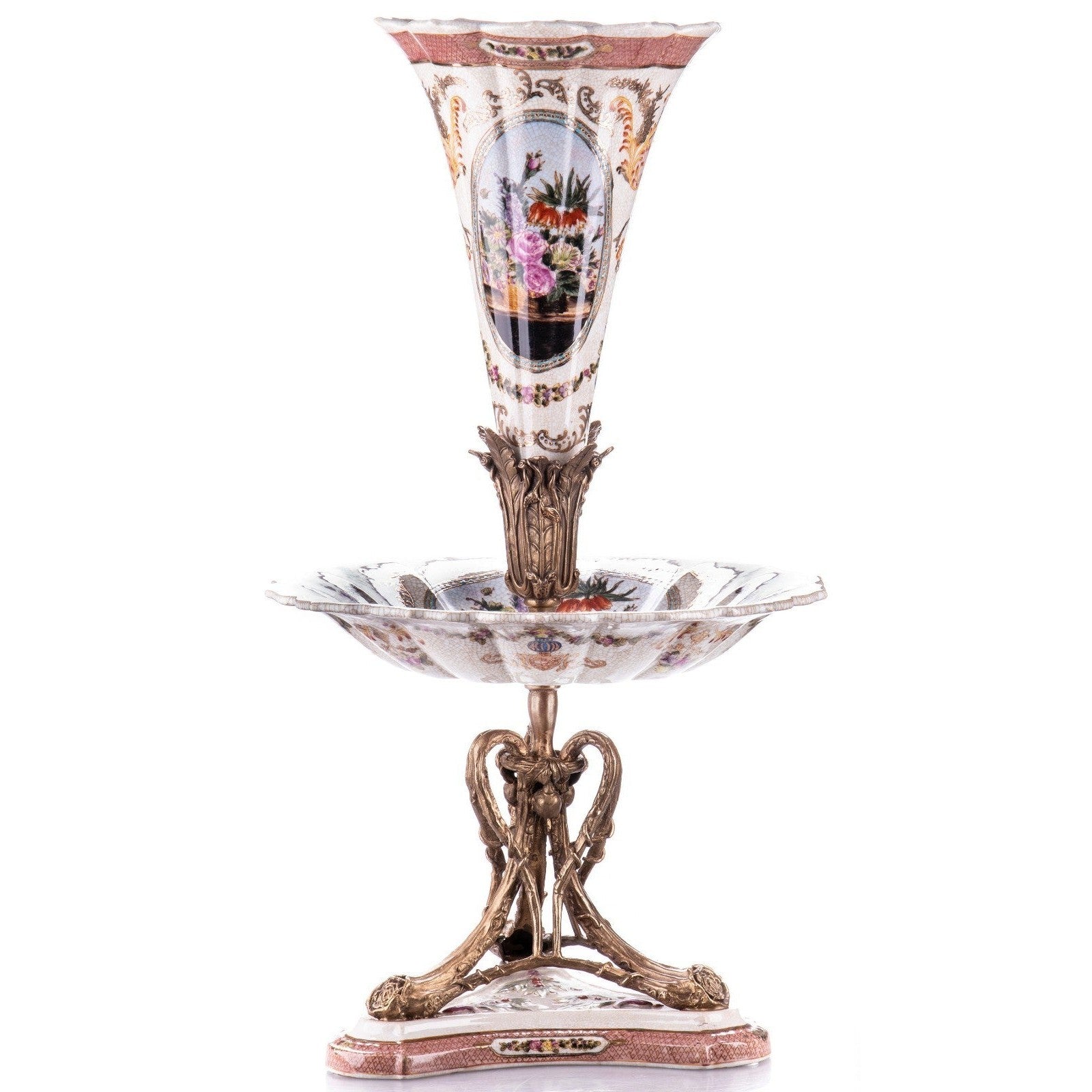 Hand-Painted Porcelain Epergne Centerpiece with Bronze Stand