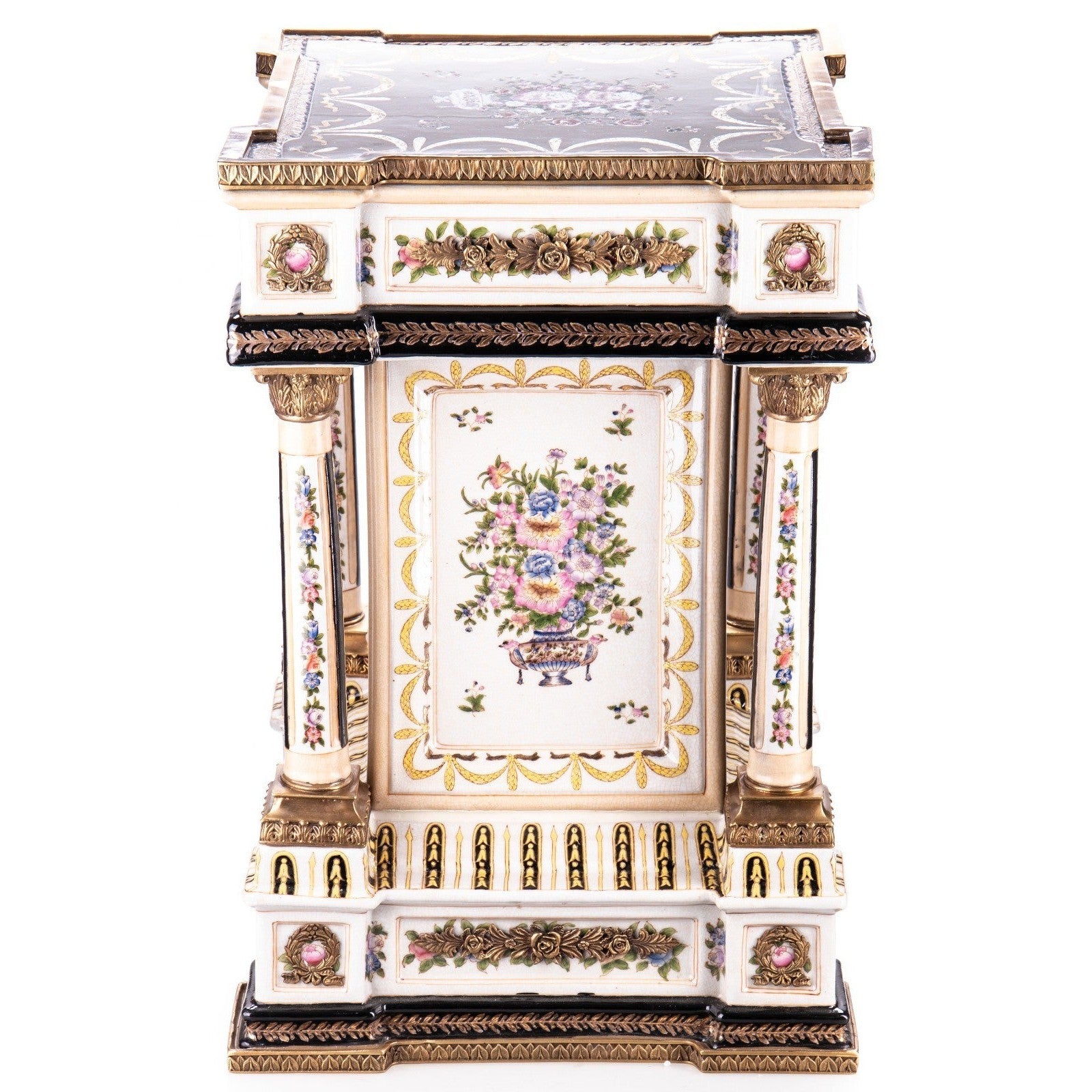 Hand-Painted Porcelain Pedestal with Floral Motifs and Gilded Accents