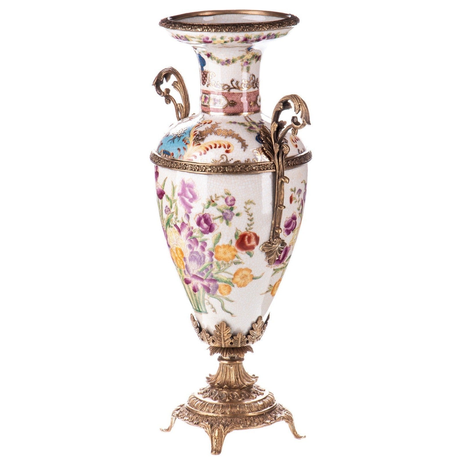 Hand-Painted Porcelain Vase with Gilded Bronze Base and Handles