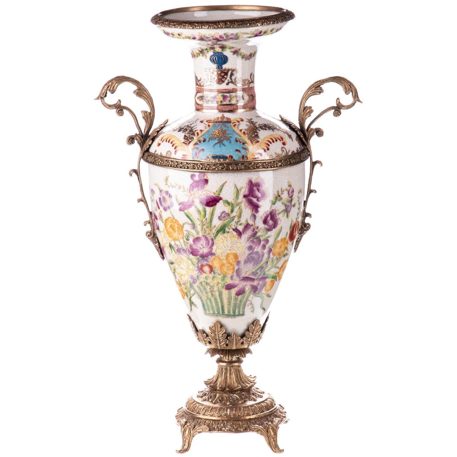 Hand-Painted Porcelain Vase with Gilded Bronze Base and Handles