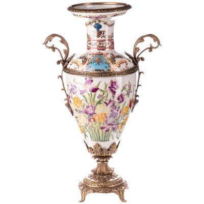Hand-Painted Porcelain Vase with Gilded Bronze Base and Handles