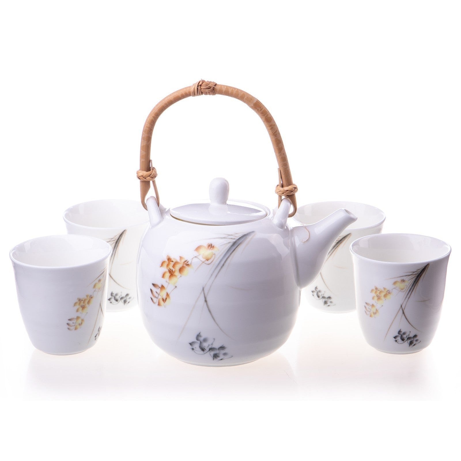 Japanese-Style Porcelain Tea Set with Bamboo Handle – 5 Pieces