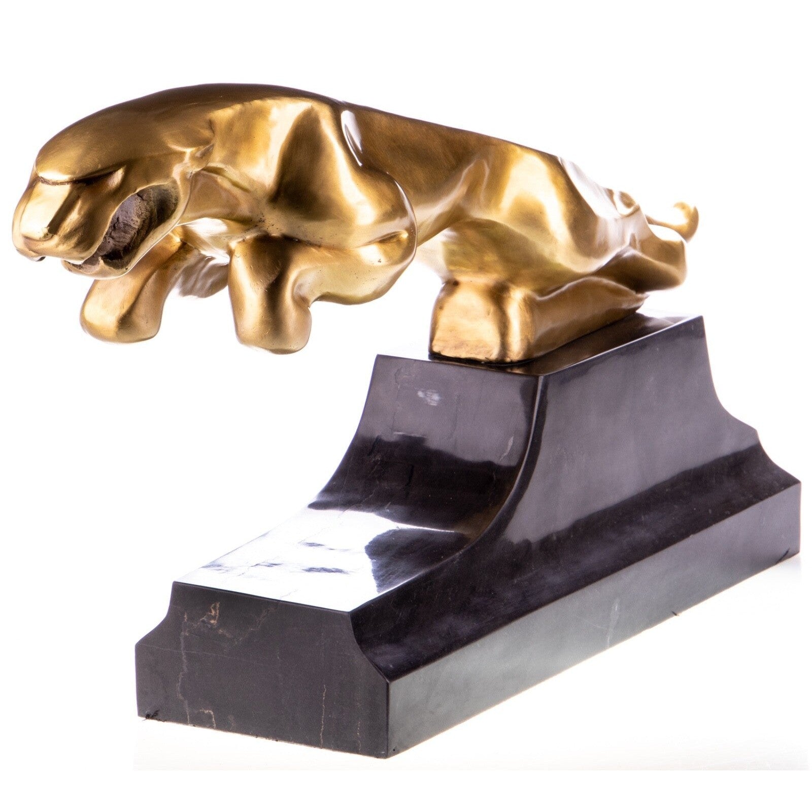 Large Art Deco Bronze Golden Panther Sculpture on Marble Base