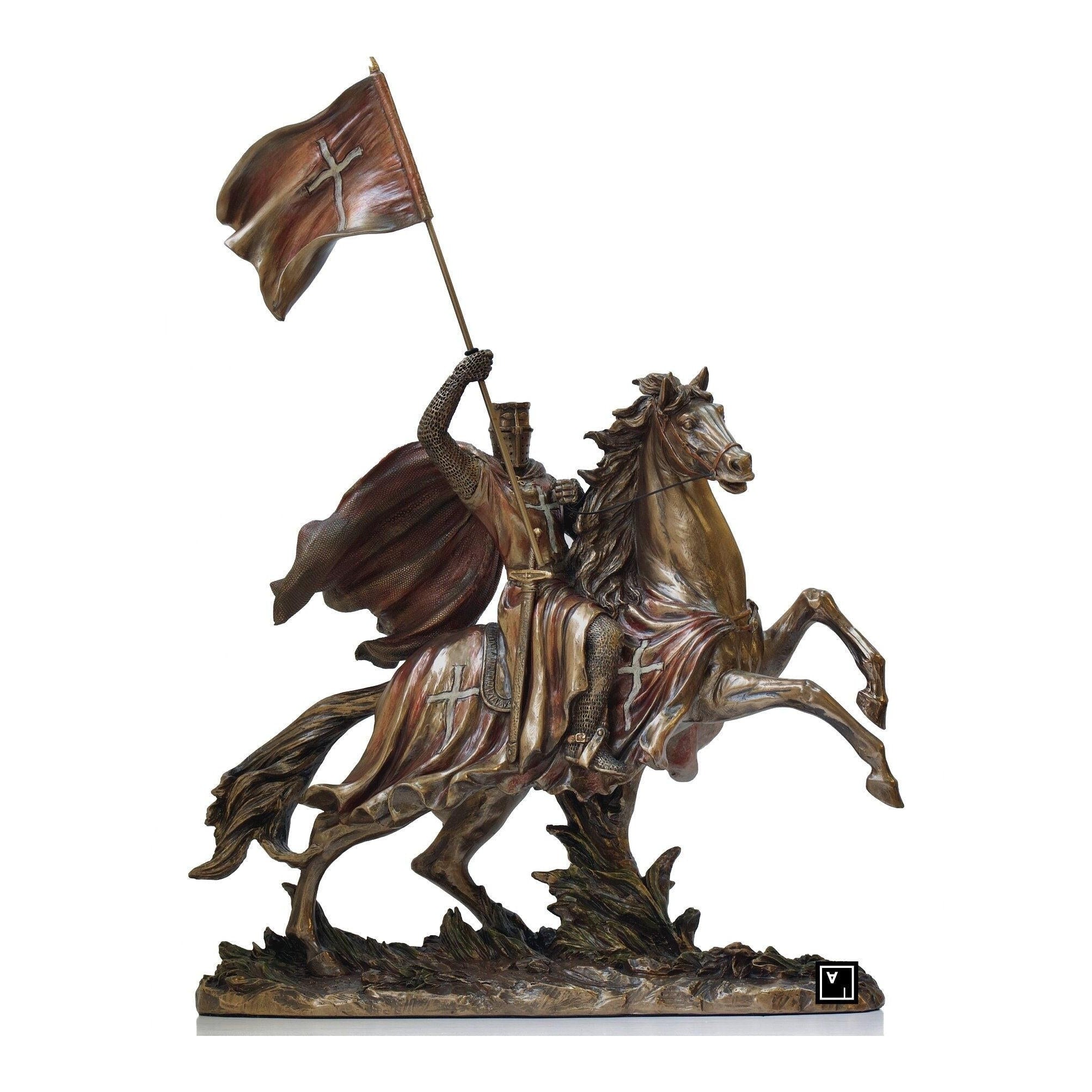 Large Crusader With Flag on Horse | Animal Sculptures | Home Decor