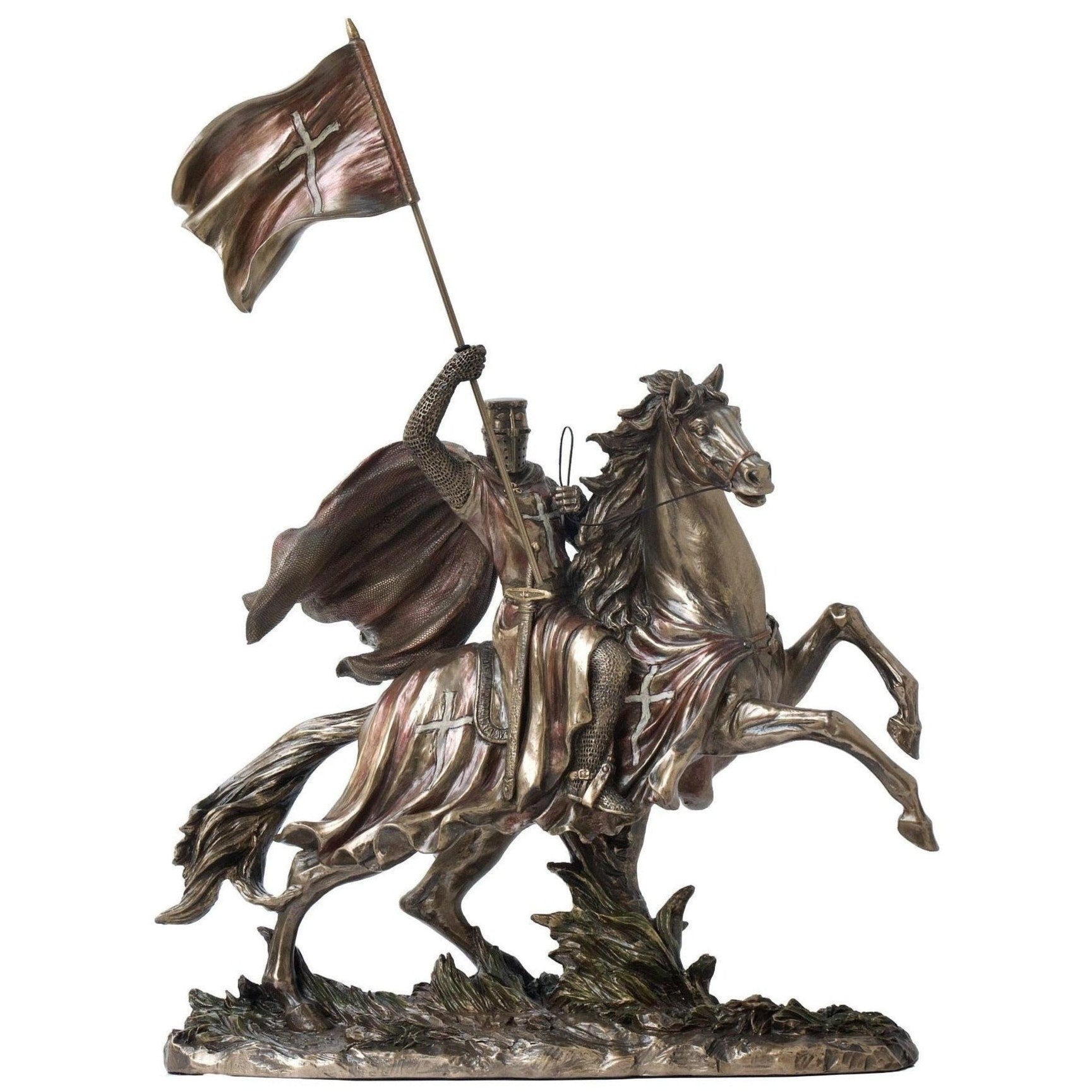 Large Crusader With Flag on Horse | Animal Sculptures | Home Decor