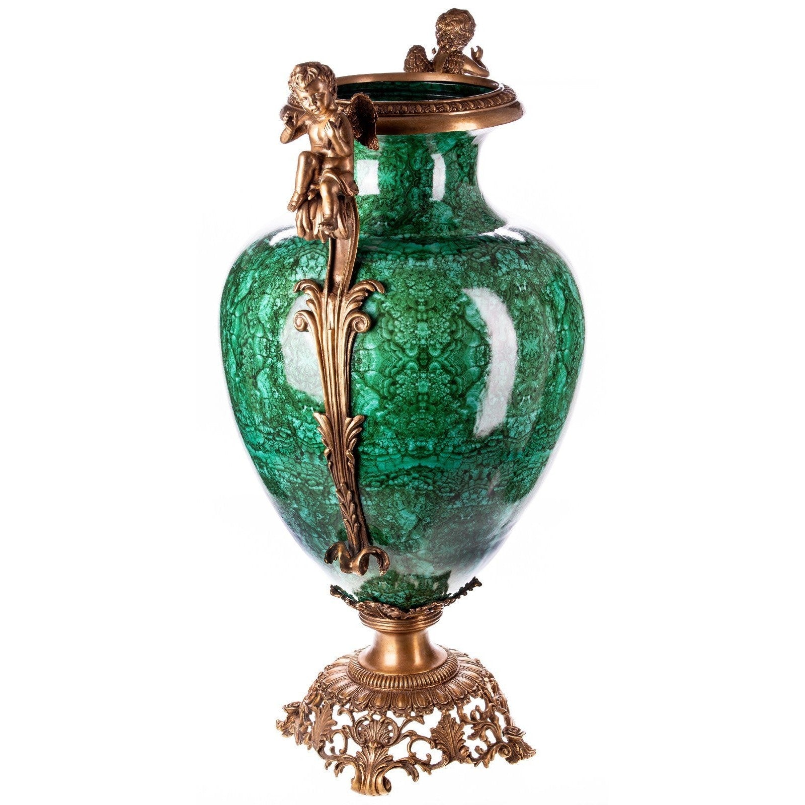 Large Decorative Green Vase with Cherub Accents | Vases & Bowls