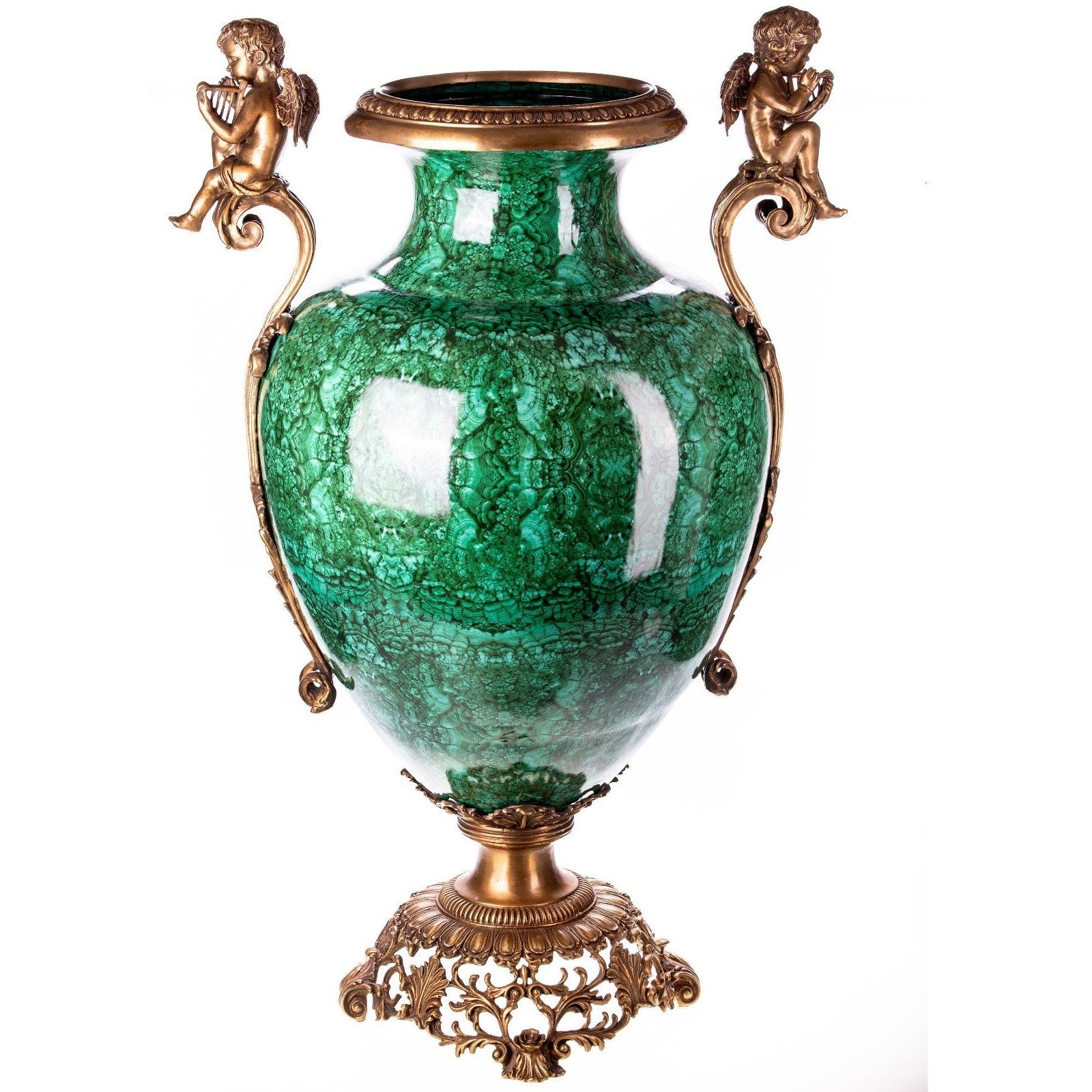 Large Decorative Green Vase with Cherub Accents | Vases & Bowls