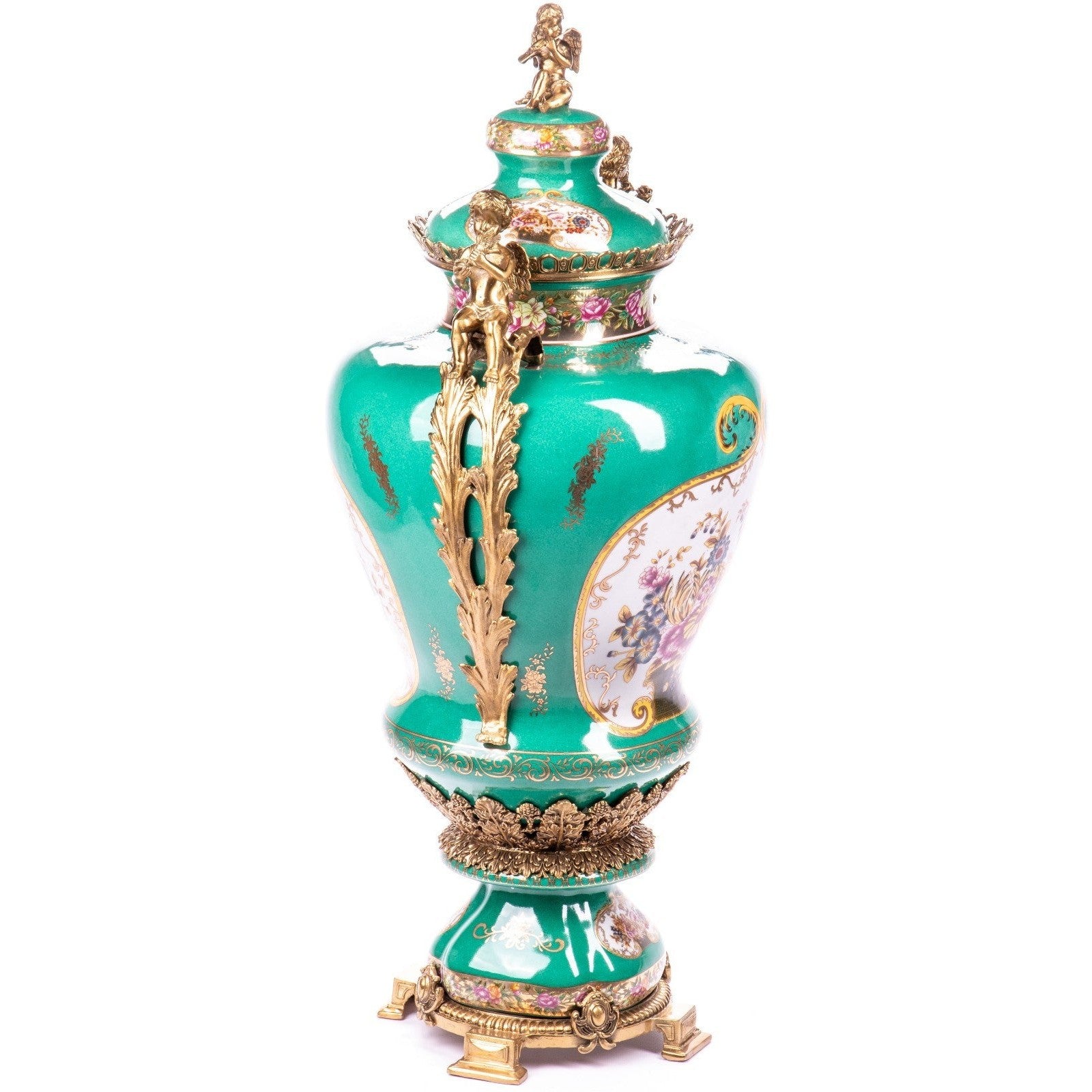 Large Emerald Green Porcelain Urn with Cherubs and Floral Motif