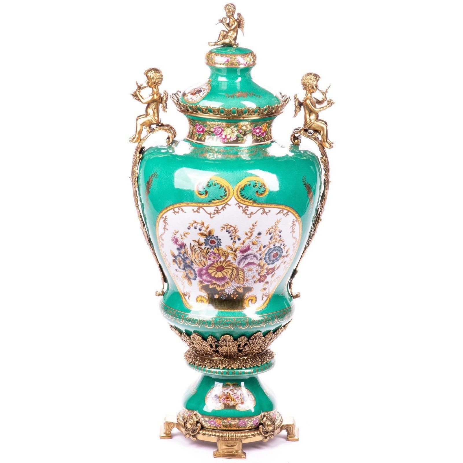 Large Emerald Green Porcelain Urn with Cherubs and Floral Motif