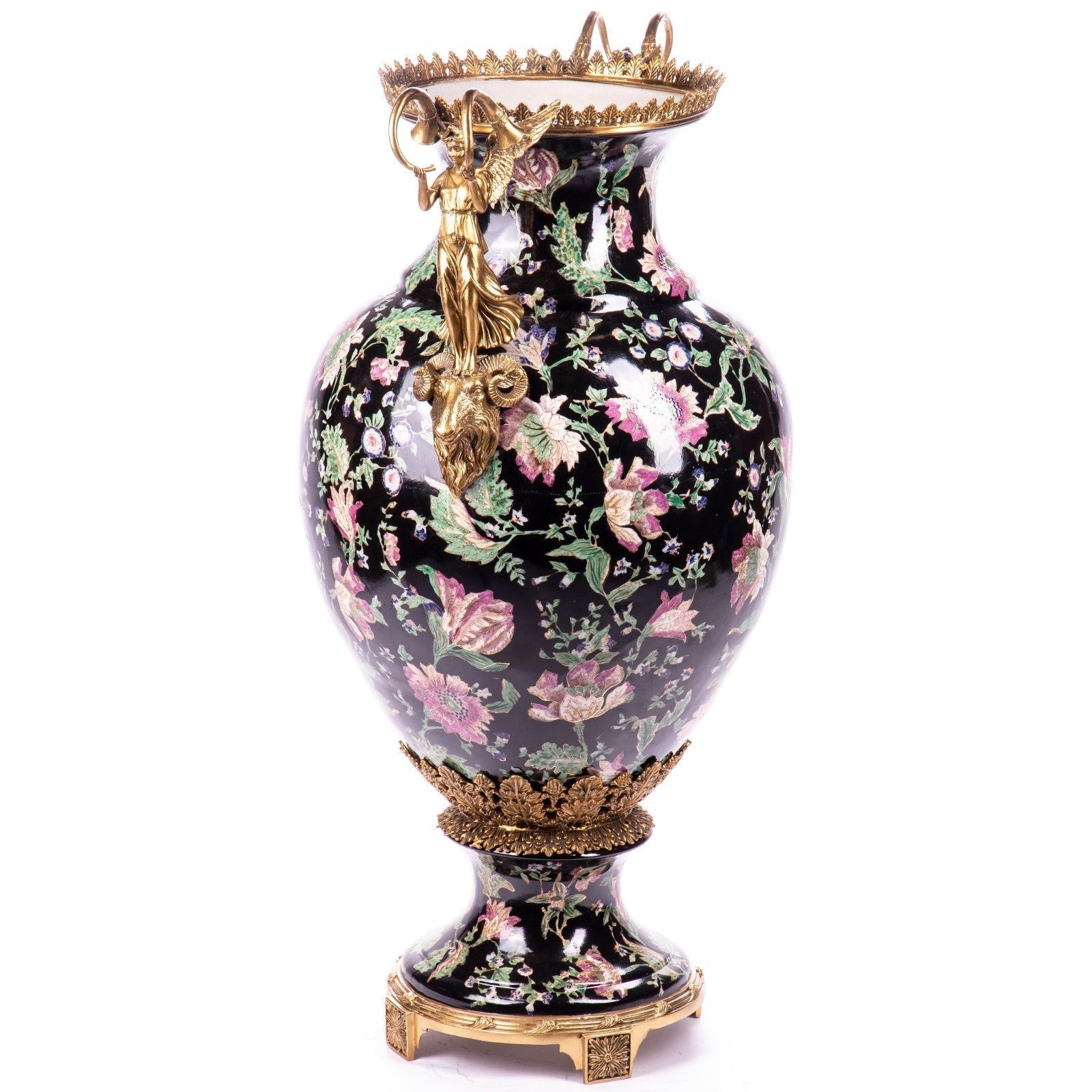 Large Floral Porcelain Vase with Gilt Angel and Ram Head Handles
