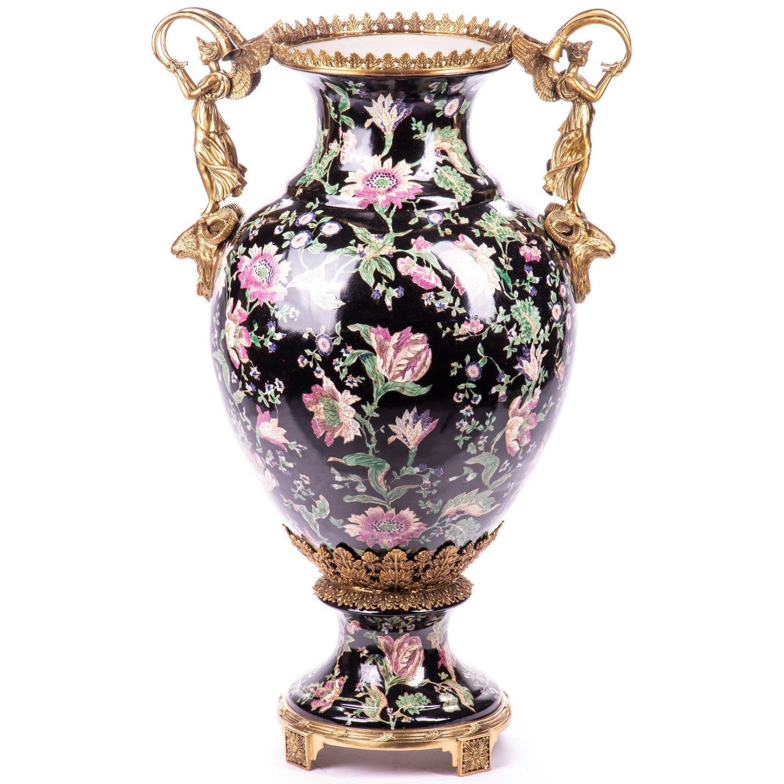 Large Floral Porcelain Vase with Gilt Angel and Ram Head Handles